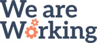 Text 'We are Working' with orange gears replacing the 'o' in 'Working'.