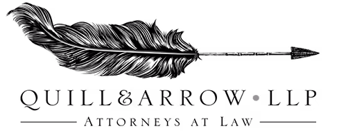 Drawing of a quill pen crossed with an arrow, stylized in black.