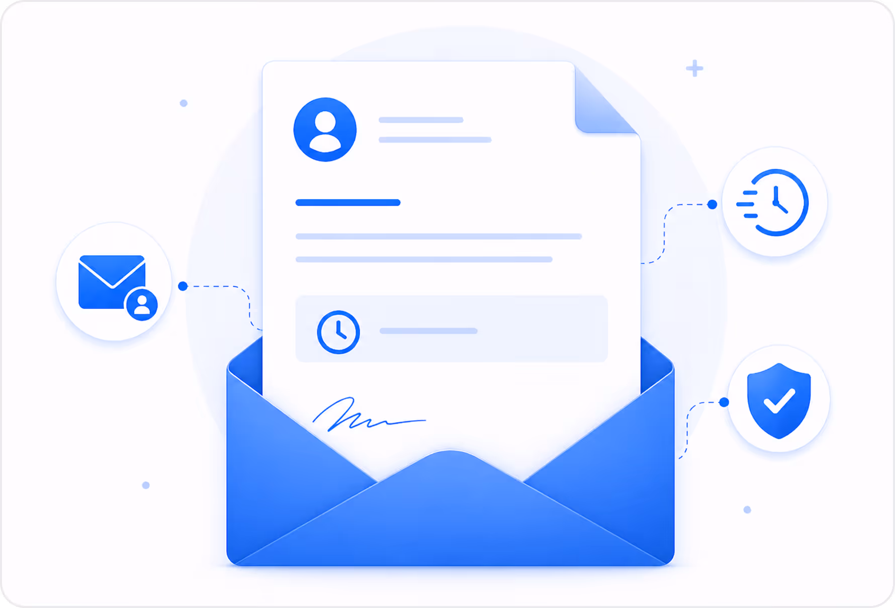 Illustration of a signed document emerging from an envelope, with icons of a shield, user, clock, and a calendar with a checkmark indicating scheduled secure communication.