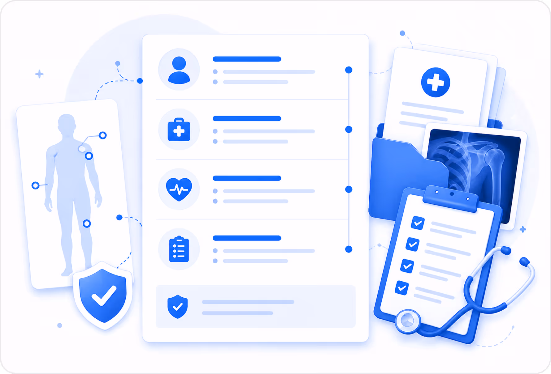 Diagram illustrating medical document integration with categories including medical records, physician notes, diagnostic tests, specialist reports, imaging results, treatment records, progress notes, and objective findings.
