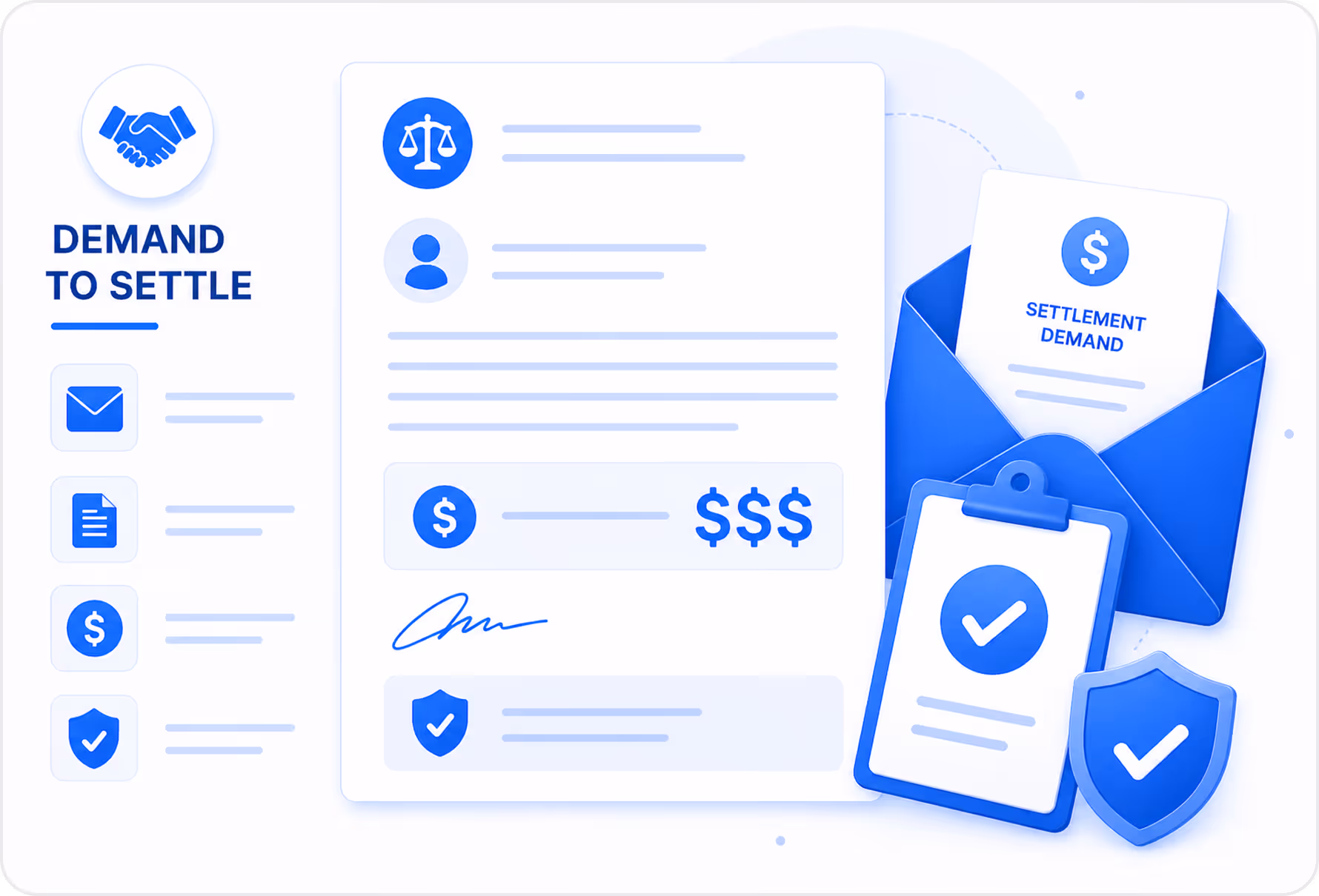 Illustration of a legal demand to settle process including a letter with scales and user icons, dollar signs, a signature, envelope with settlement demand, and verified checklist and shield icons.