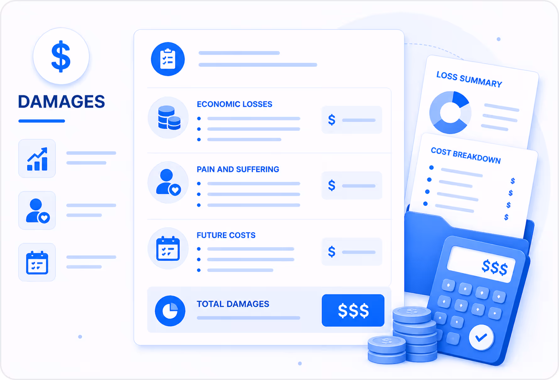 Illustration showing medical and financial documents combining into a report with dollar and heart icons, leading to a bar chart with a dollar sign and a shield with a checkmark.