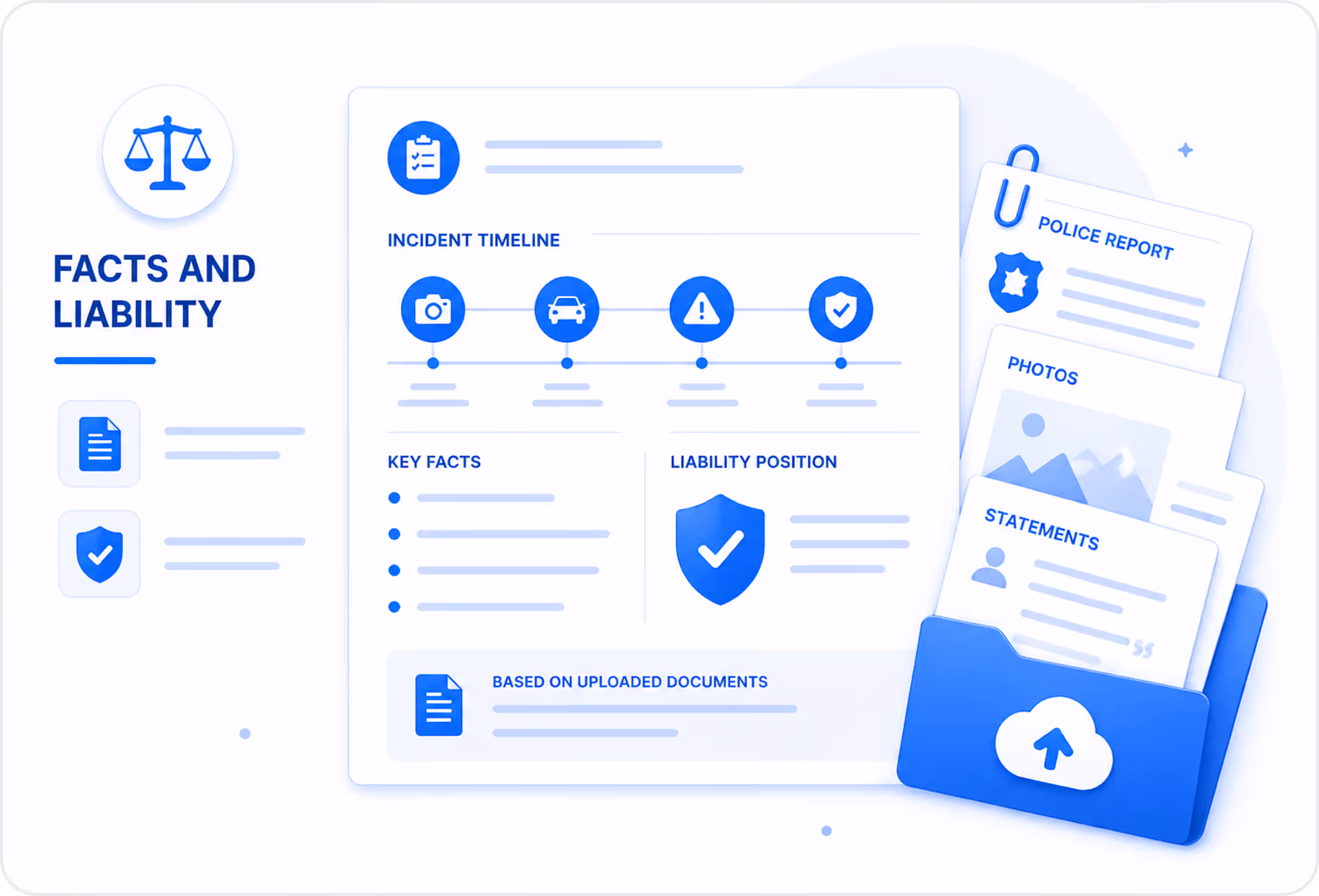 Illustration of a facts and liability report showing an incident timeline with icons, key facts, liability position, and uploaded documents alongside a folder holding police report, photos, and statements.