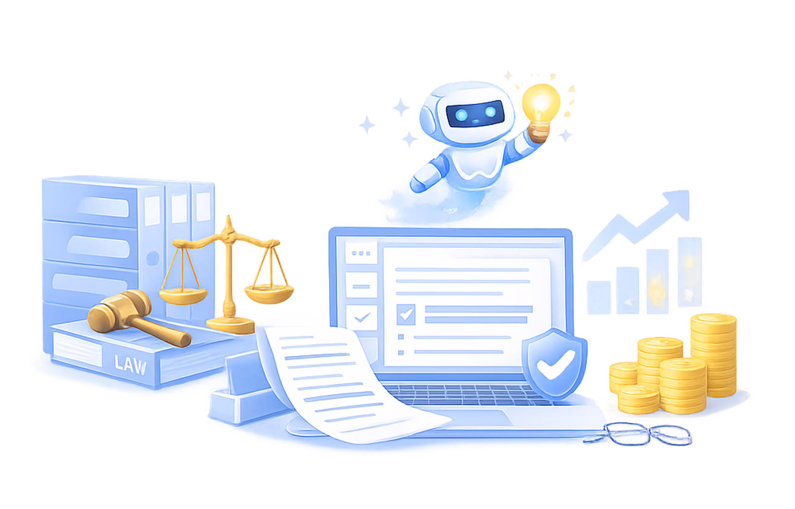 Illustration of legal books, a gavel, scales of justice, a laptop with a checklist and shield, a robot holding a lightbulb, stacks of coins, and an upward graph arrow symbolizing AI in law and finance.