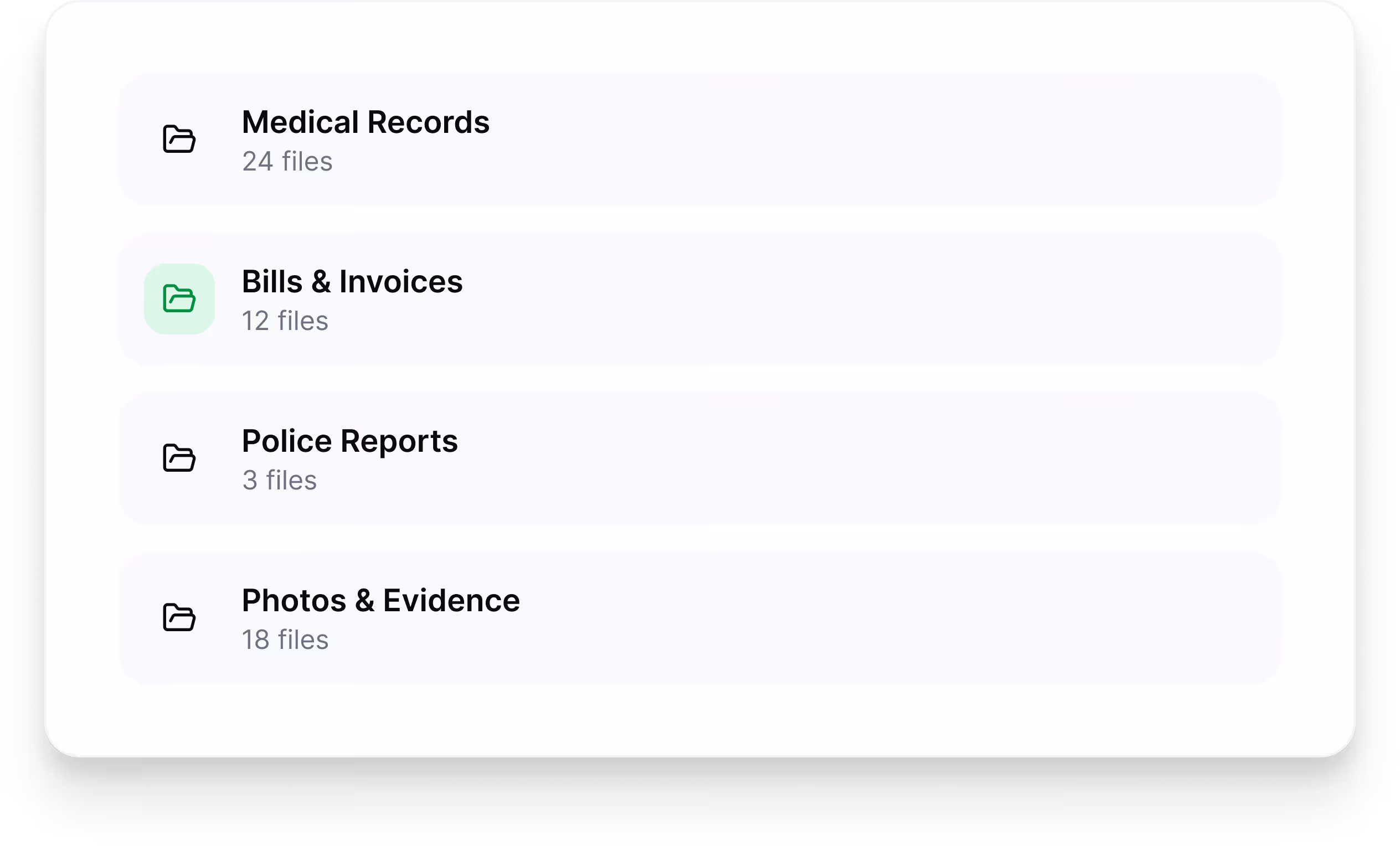 File directory showing folders for Medical Records with 24 files, Bills & Invoices with 12 files, Police Reports with 3 files, and Photos & Evidence with 18 files.