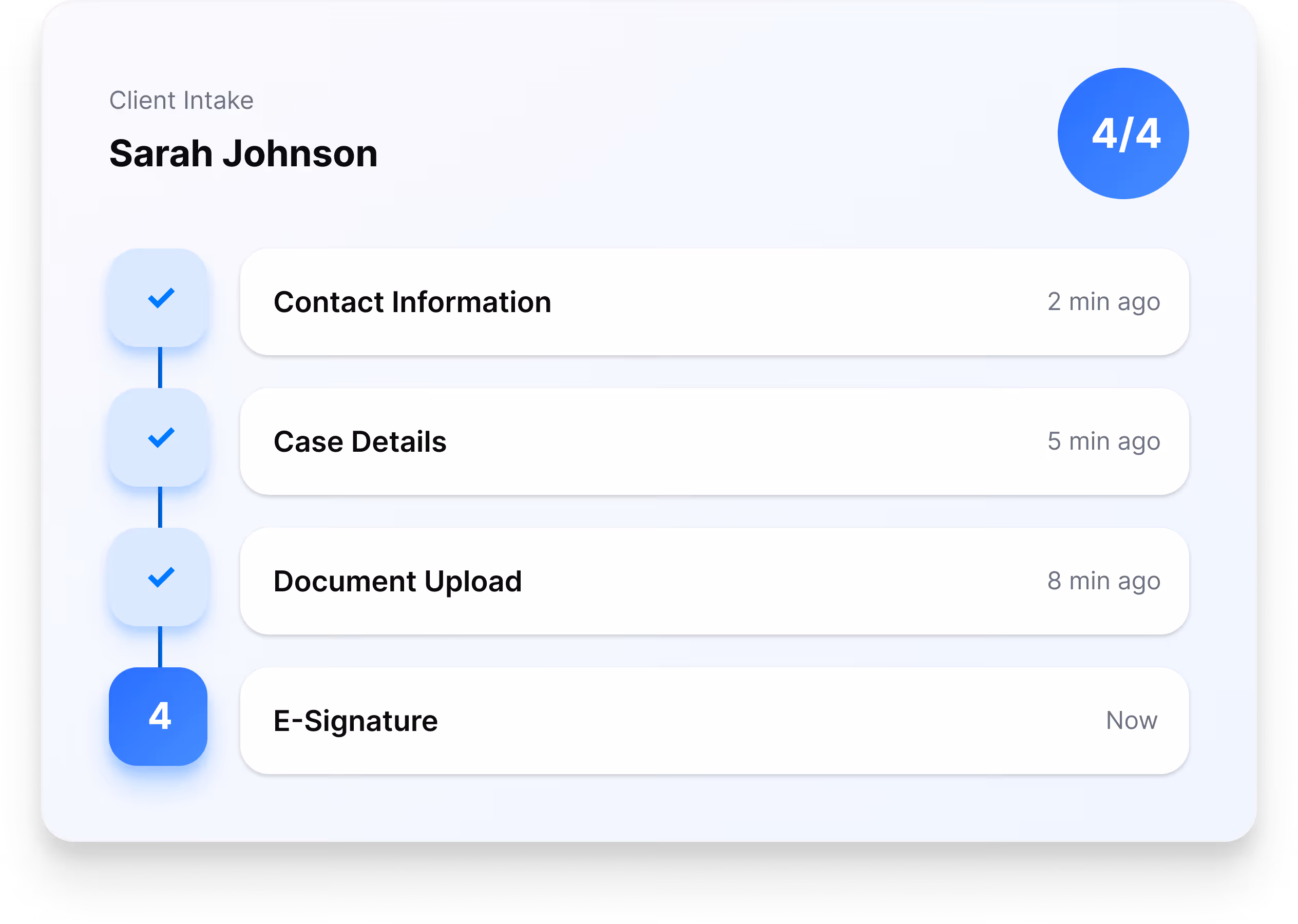 Client intake progress for Sarah Johnson showing completed steps: Contact Information, Case Details, Document Upload, and current step E-Signature.