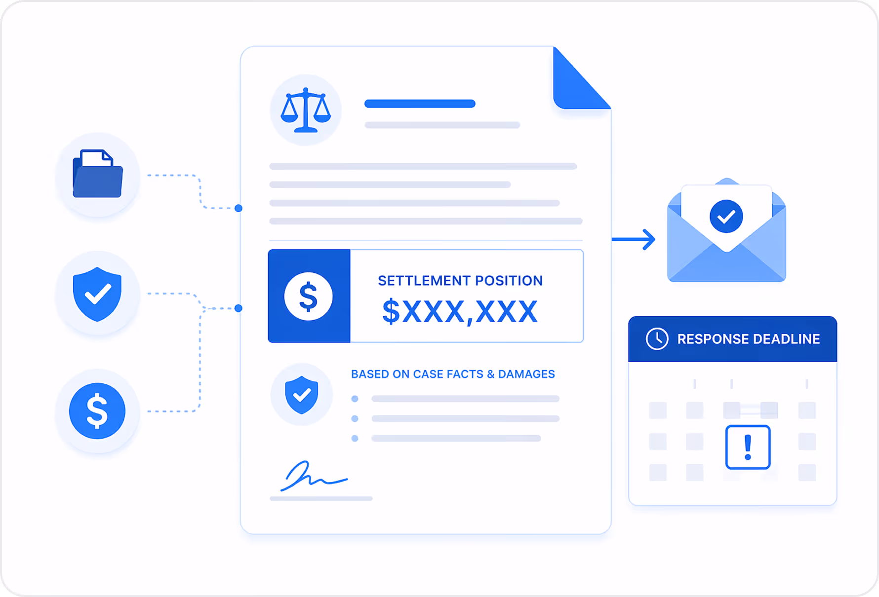 Illustration of a legal settlement process showing a demand to settle document, an envelope labeled Settlement Demand, and clipboard with check marks.
