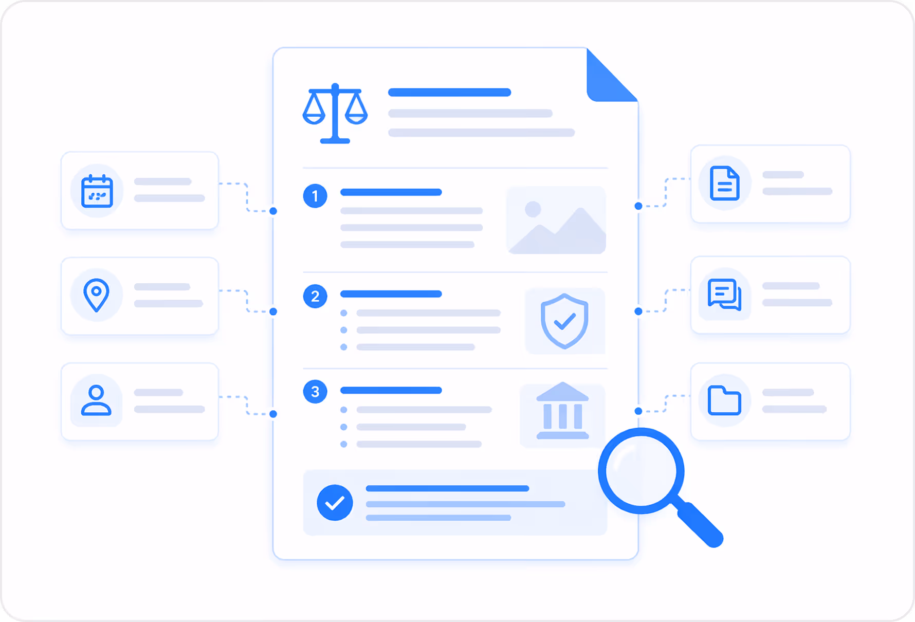 Illustration of a legal document with numbered points and icons representing calendar, location, user, document, chat, and folder connected around it and a magnifying glass focused on the lower right side.
