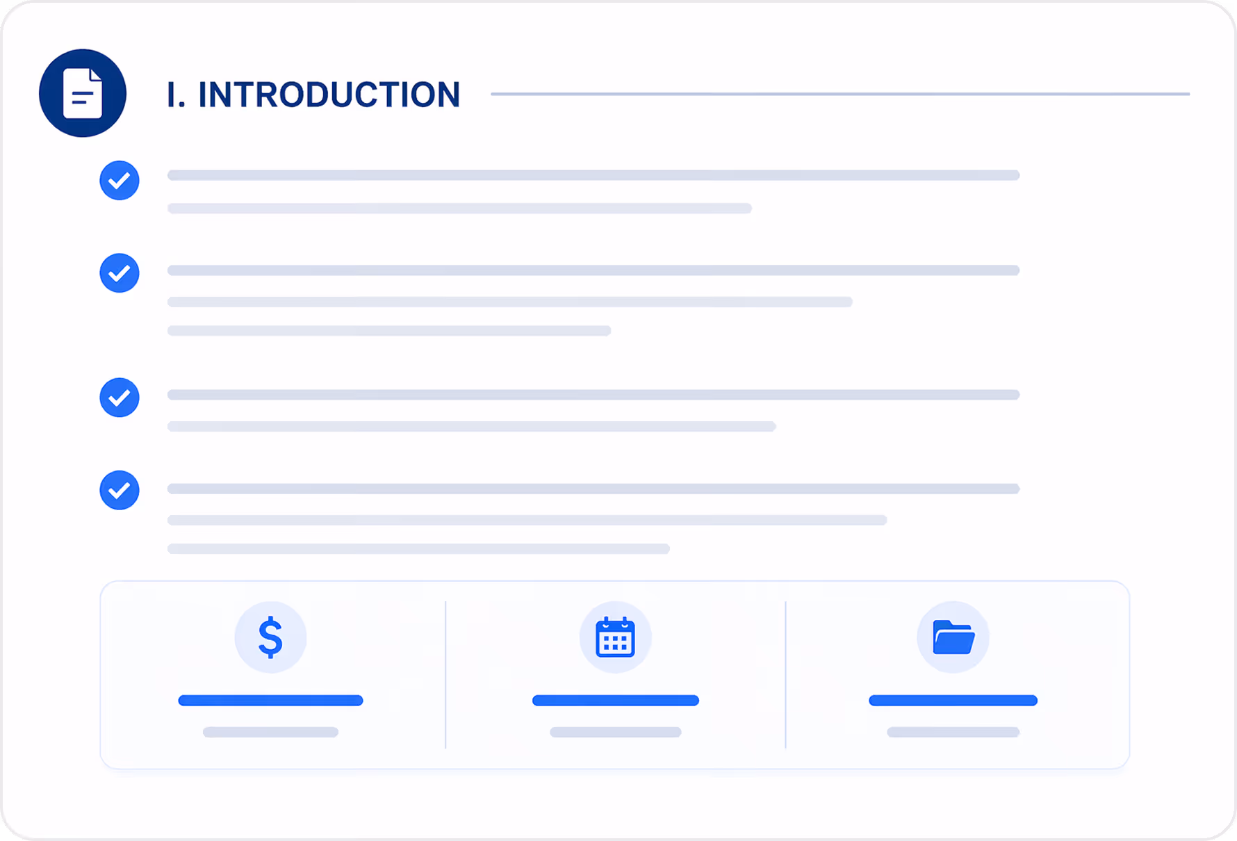 User interface section titled Introduction with four checklist items and a bottom panel displaying icons for pricing, calendar, and folder categories.