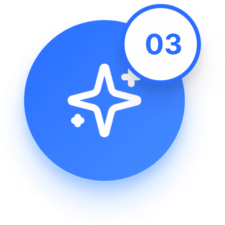 Blue circular icon with a white sparkle symbol and a small white circle containing the number 03 in blue.