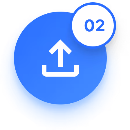 Blue upload button with an upward arrow and a white notification circle showing the number 02.
