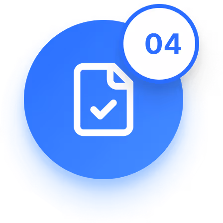 Blue circle with a white document icon featuring a checkmark and a white smaller circle with the number 04 inside.