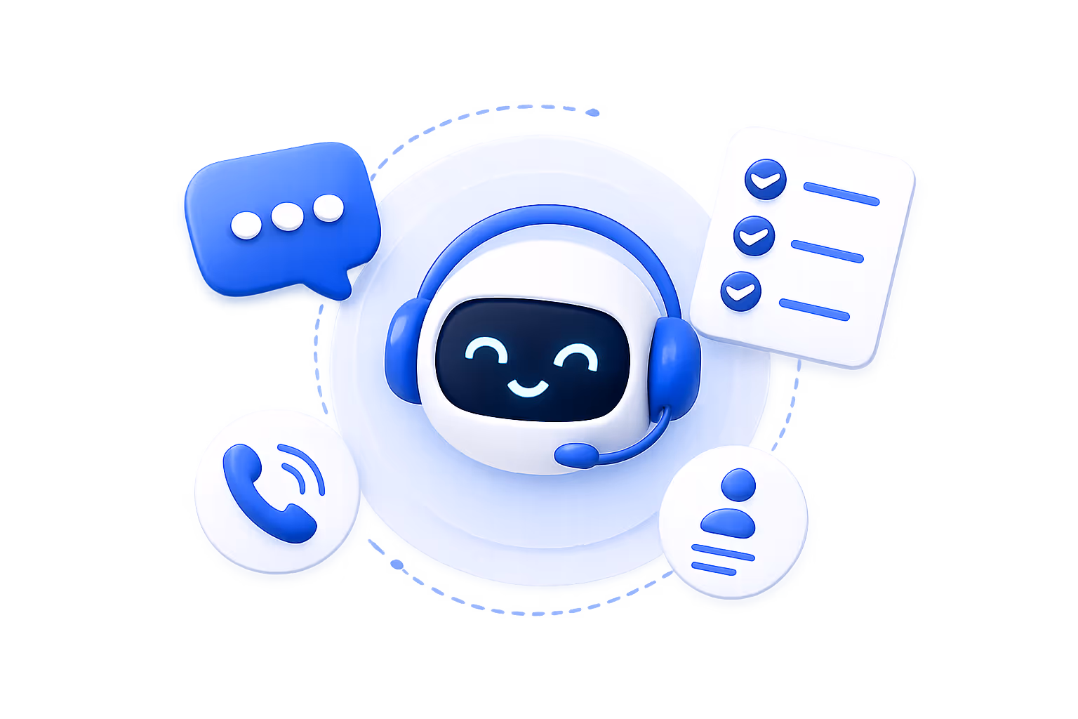 Smiling AI voice agent with headset surrounded by icons of chat, checklist, phone call, and user profile.
