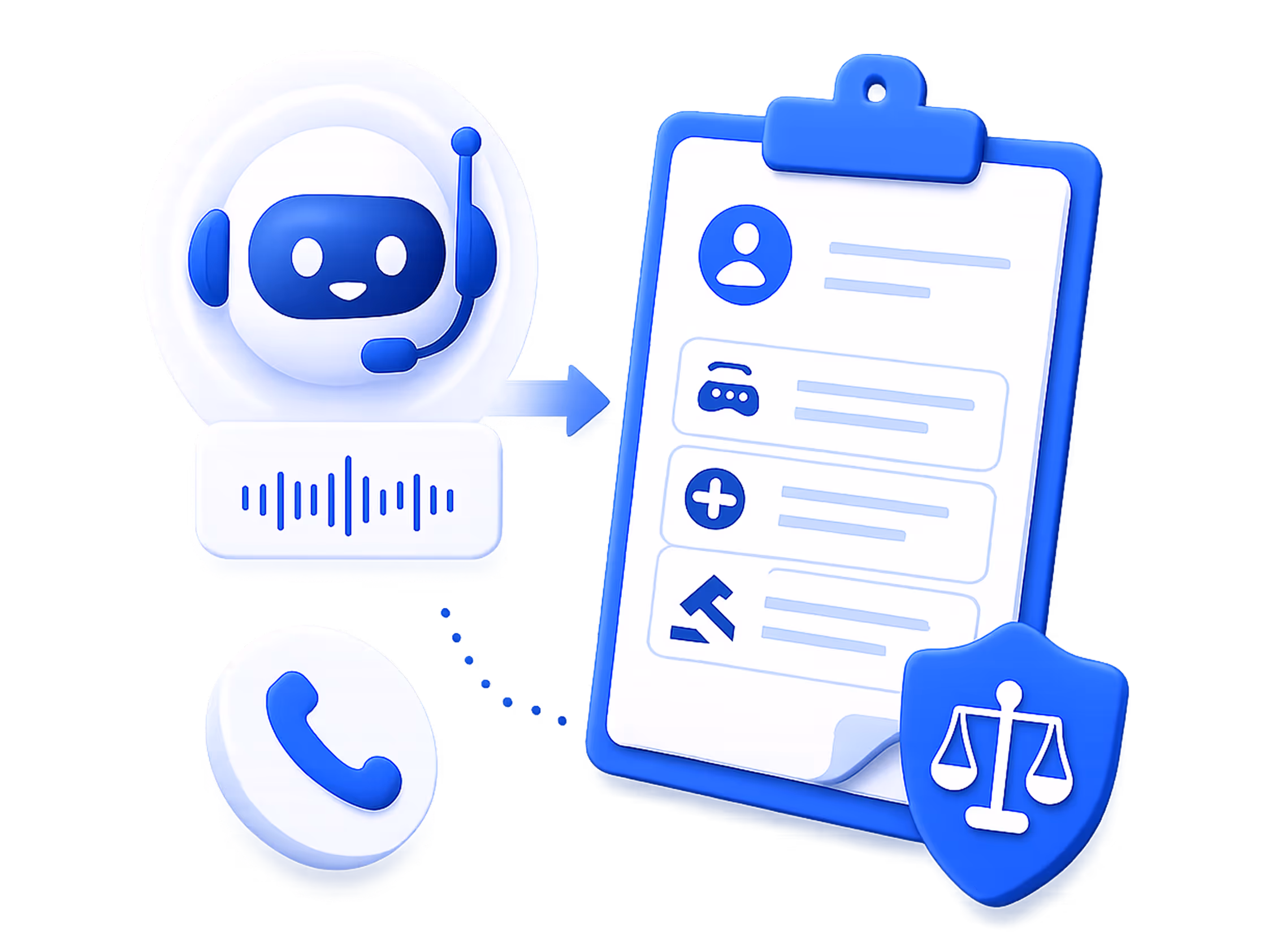 Illustration of a robot generating a signed document quickly, symbolized by profile and insurance icons, an arrow, and a stopwatch.