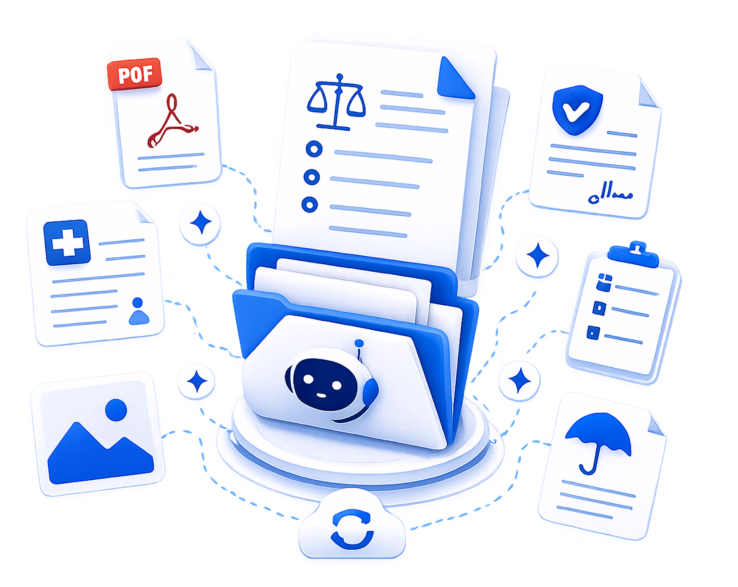 Illustration of a robot generating a signed document quickly, symbolized by profile and insurance icons, an arrow, and a stopwatch.