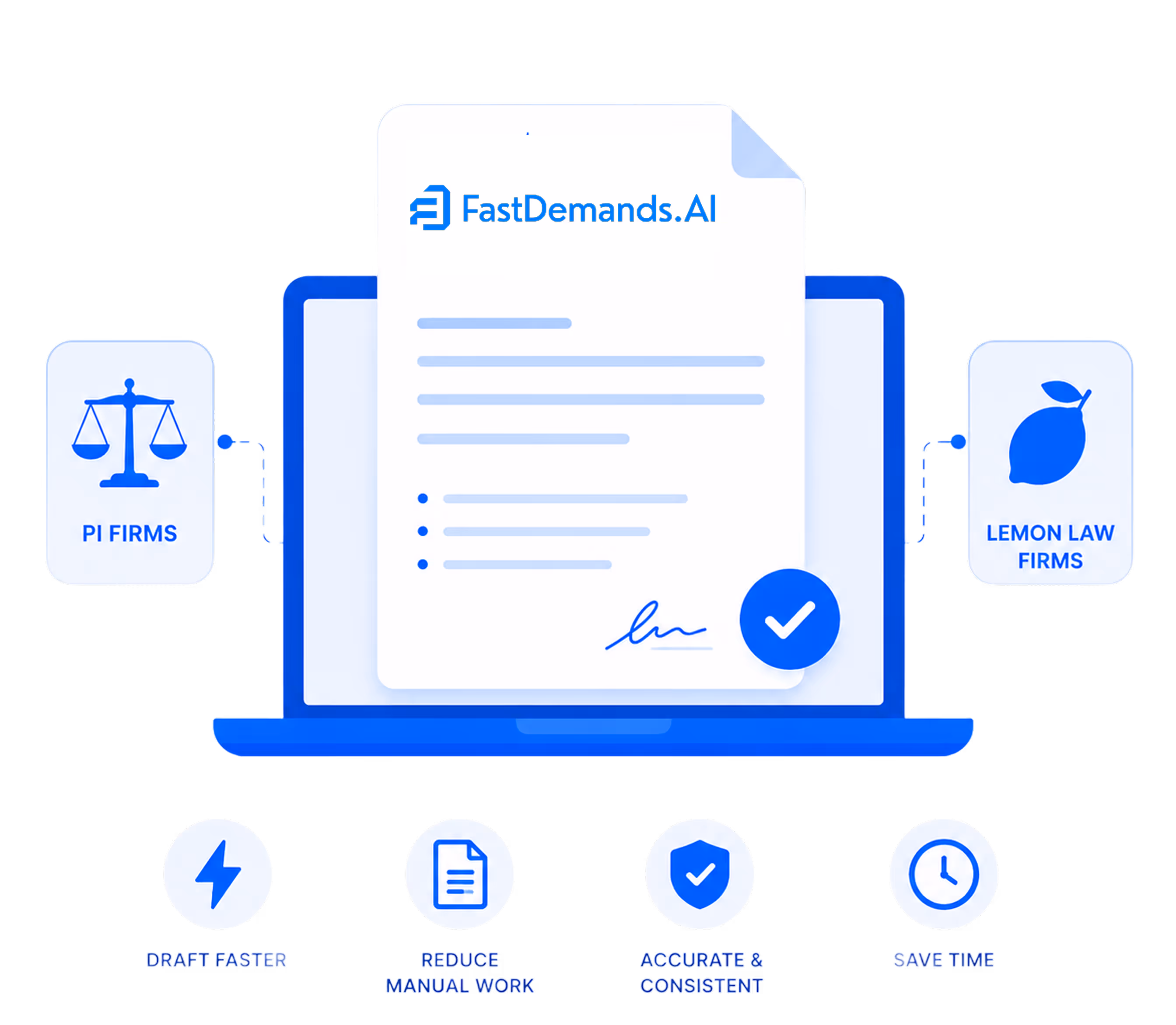 Illustration of a robot generating a signed document quickly, symbolized by profile and insurance icons, an arrow, and a stopwatch.