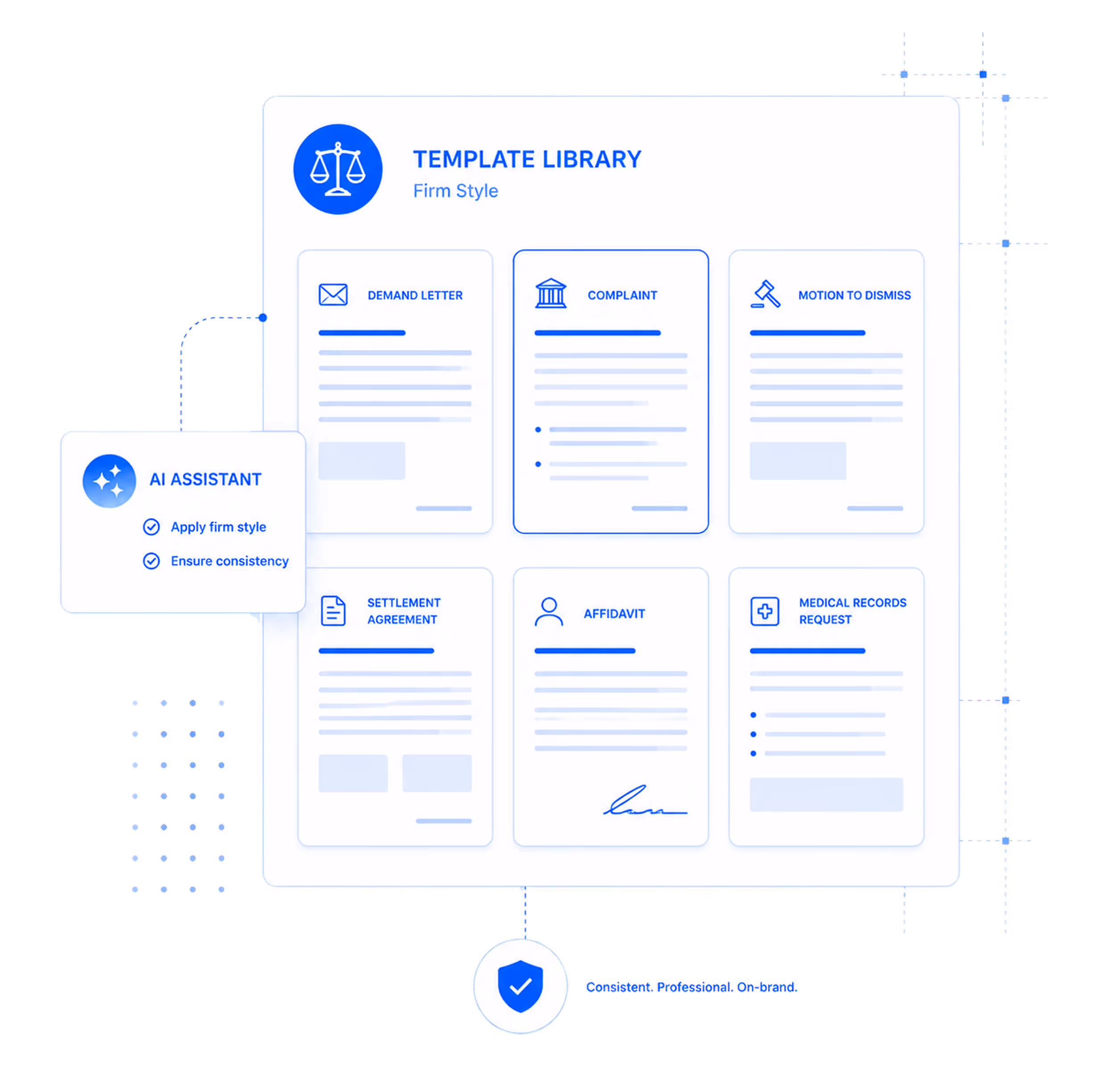 Illustration of a robot generating a signed document quickly, symbolized by profile and insurance icons, an arrow, and a stopwatch.