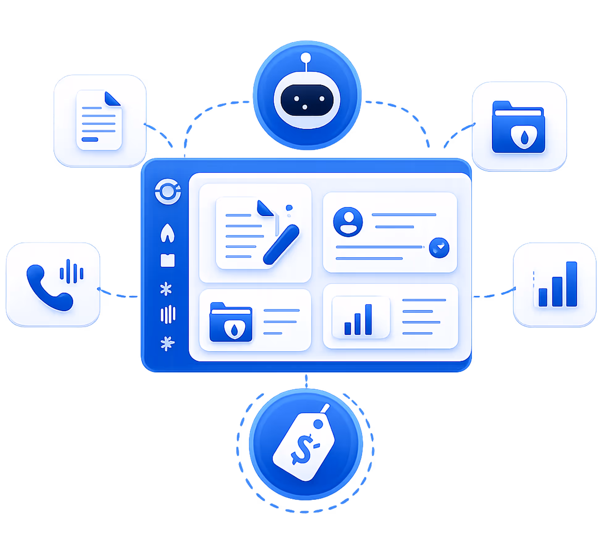 Blue interface panel with icons for documents, user profile, folders, phone, analytics, chatbot, and price tag.