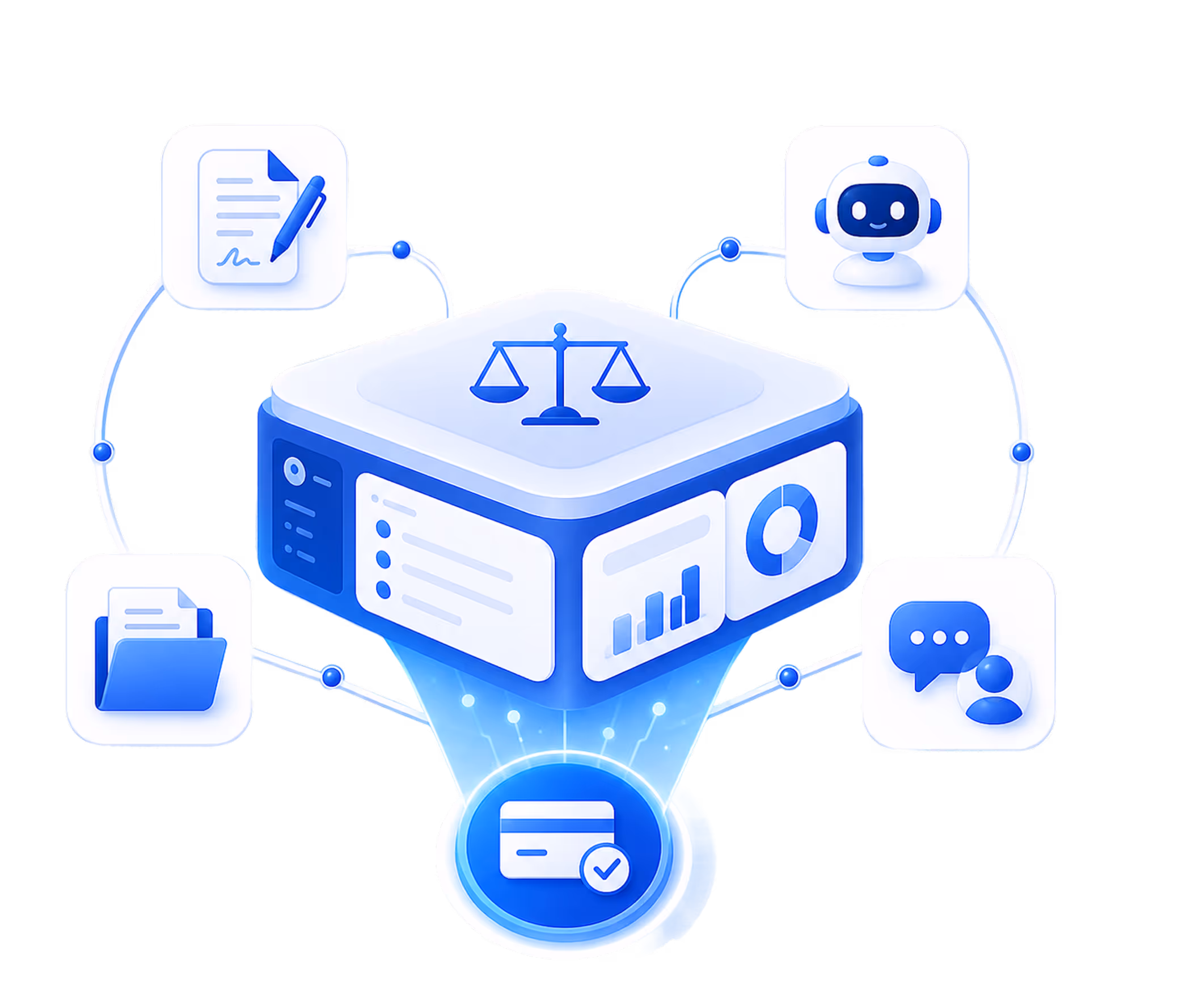 Blue 3D platform with legal scale and charts linked to icons for document, chatbot, folder, and user chat.