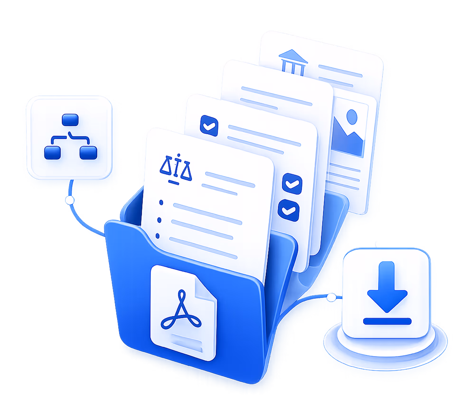 Blue folder with legal and checklist documents connected to flowchart and download icons.