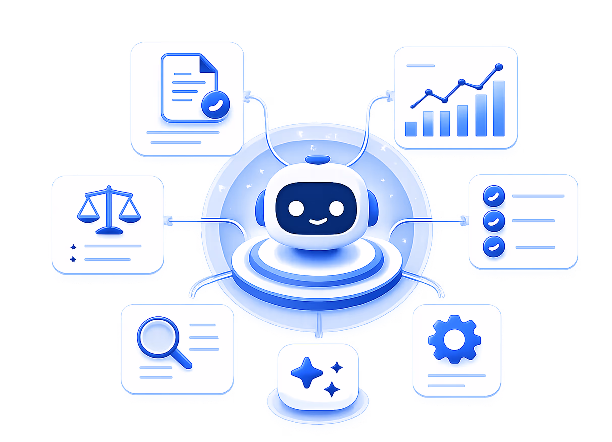 Friendly AI robot center connected to icons of data, scales, magnifier, checklist, sparkles, and gear.
