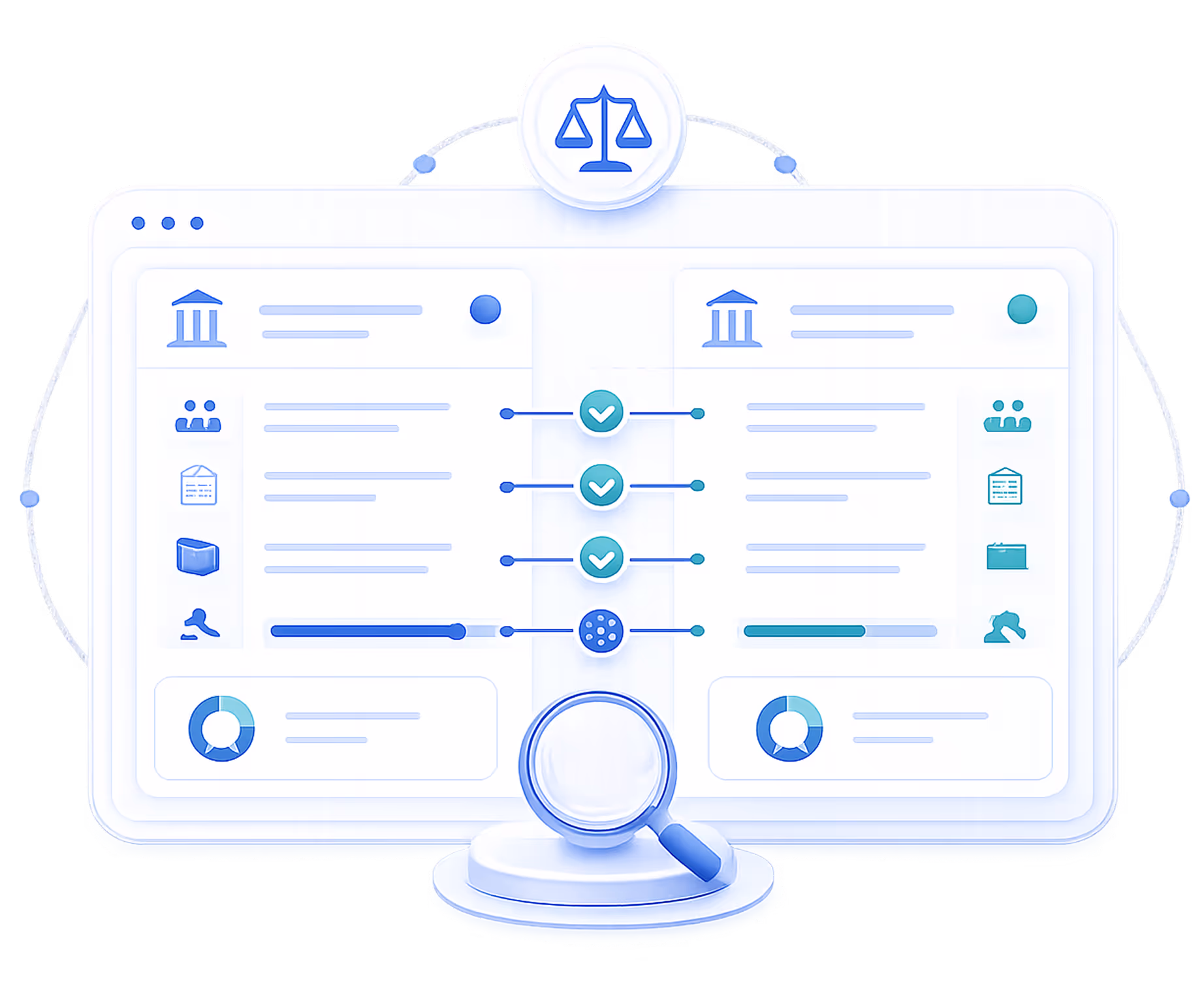 Comparison chart of two legal cases showing matching details, progress bars, and a magnifying glass.