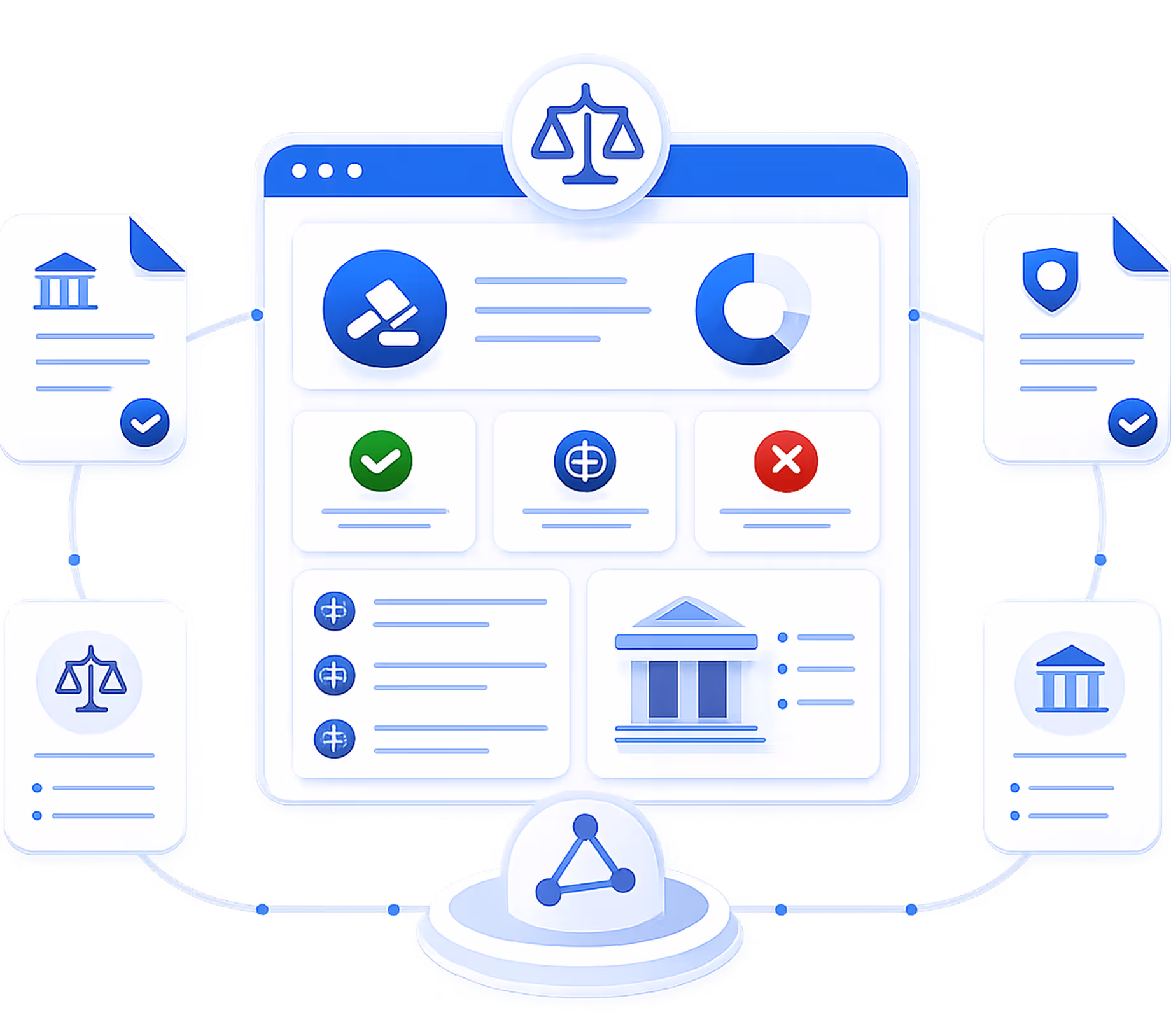 Interface showing legal icons and documents connected by network lines around a central hub.