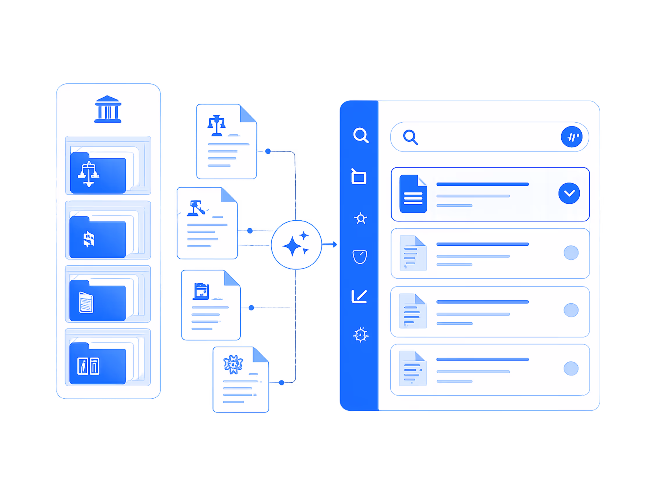 Illustration of a robot generating a signed document quickly, symbolized by profile and insurance icons, an arrow, and a stopwatch.
