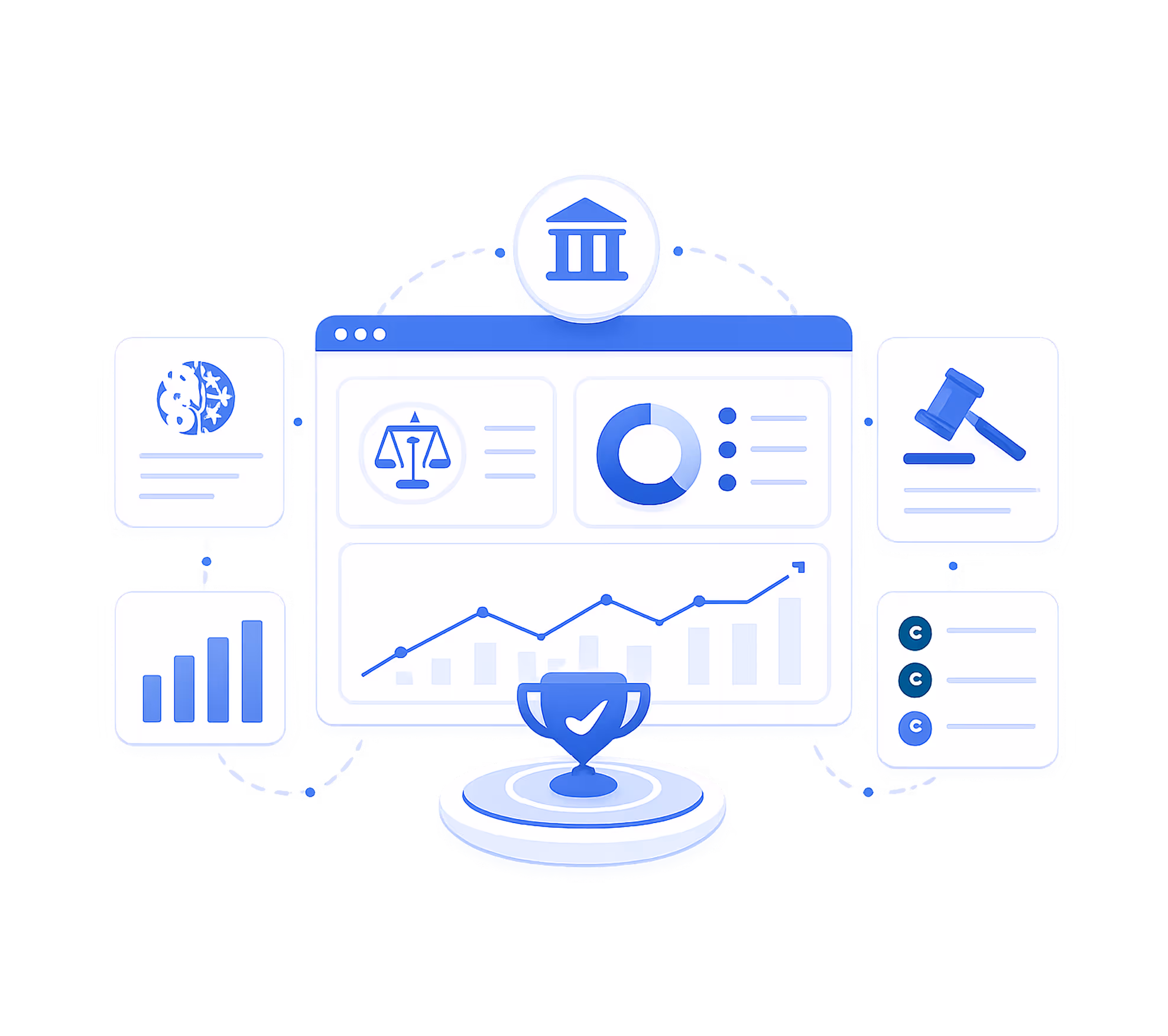 Dashboard with legal icons, charts, a rising line graph, and a trophy representing verdict insights.