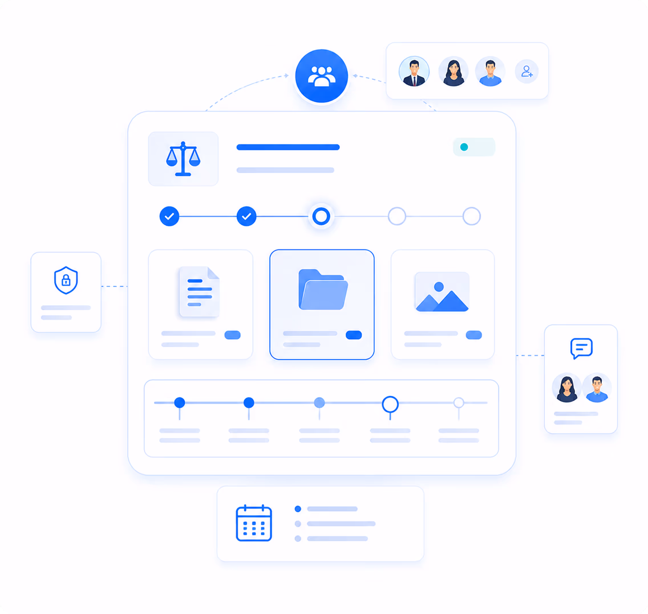 Four blue icons with text describing automatic repair timelines, state lemon law requirements with a US map, compliant demand letters with a legal document, and case documents with folder and papers.