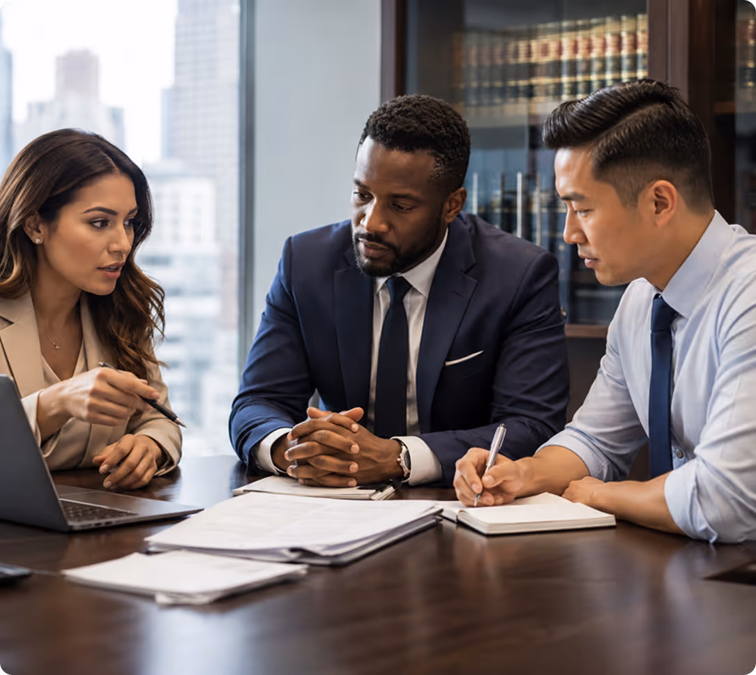 Three professionals discussing documents at a table in an office with legal books behind them.