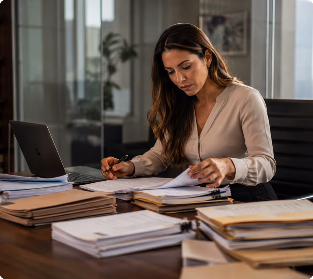 Woman reviewing and organizing documents at a desk with a laptop in an office.