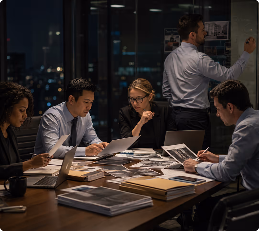 Five professionals reviewing documents and writing notes in an office at night with city lights behind.