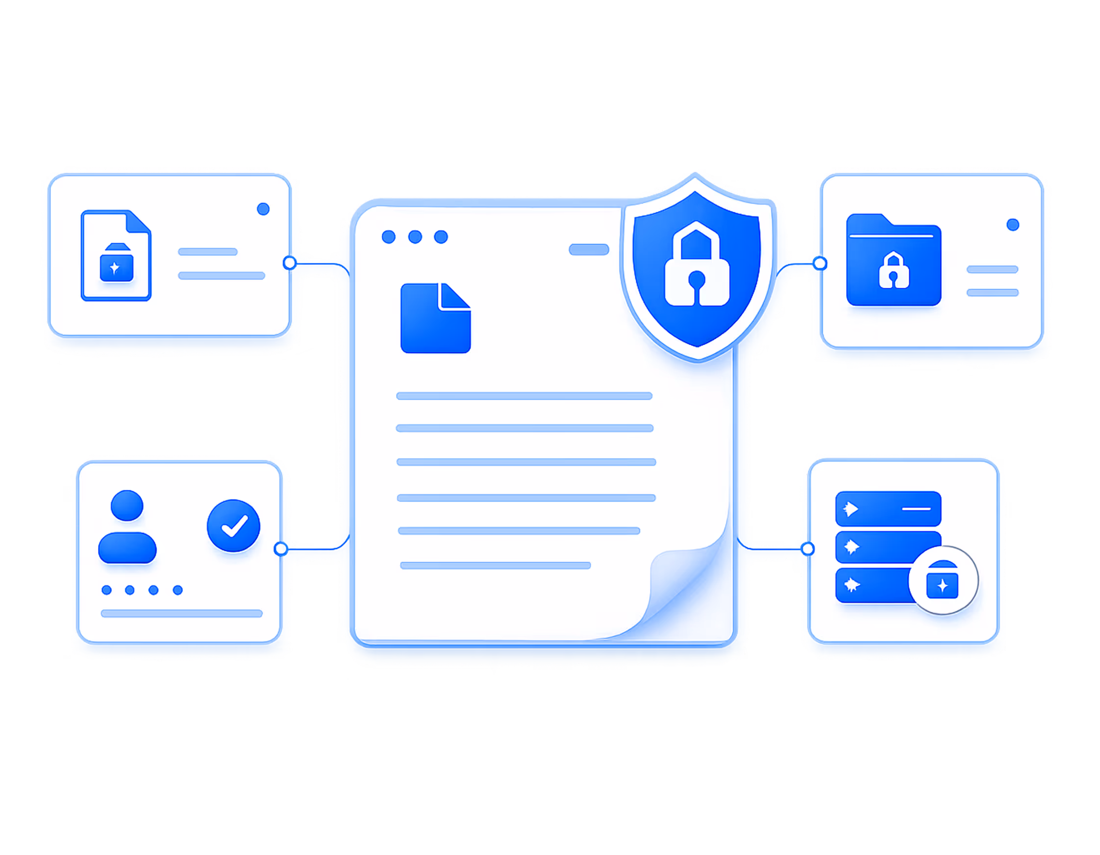 Central document shielded by lock icon linked to secure file, user verification, locked folder, and secure server icons.