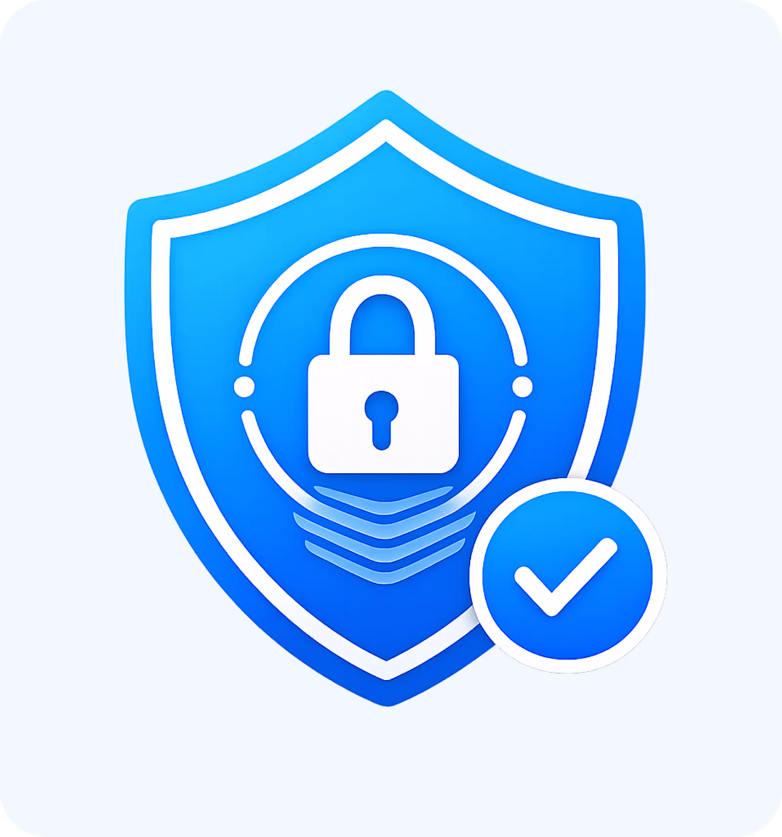 Blue shield with a white lock icon and a checkmark symbol indicating security and protection.