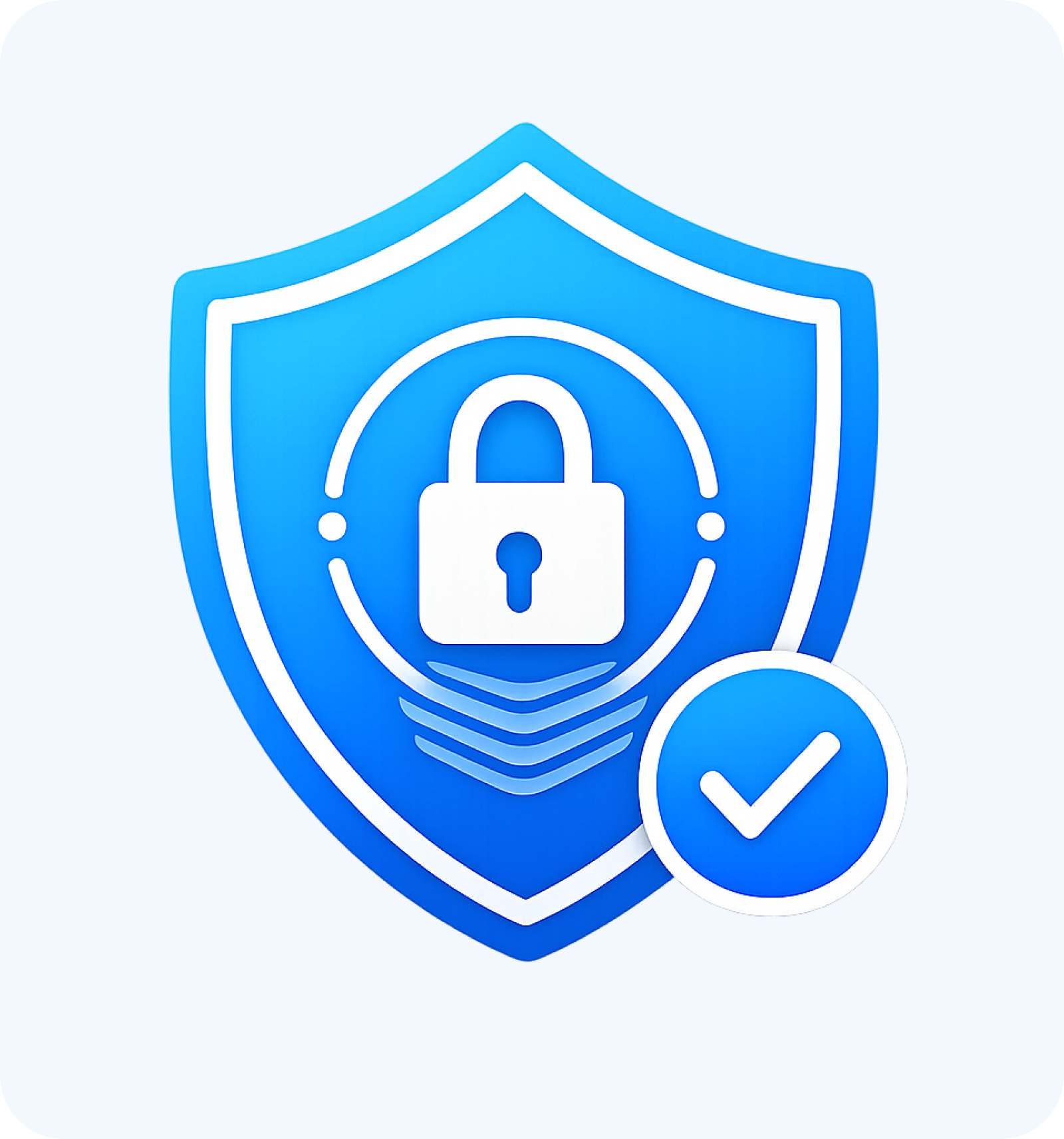 Blue shield with a white lock icon and a checkmark symbol indicating security and protection.