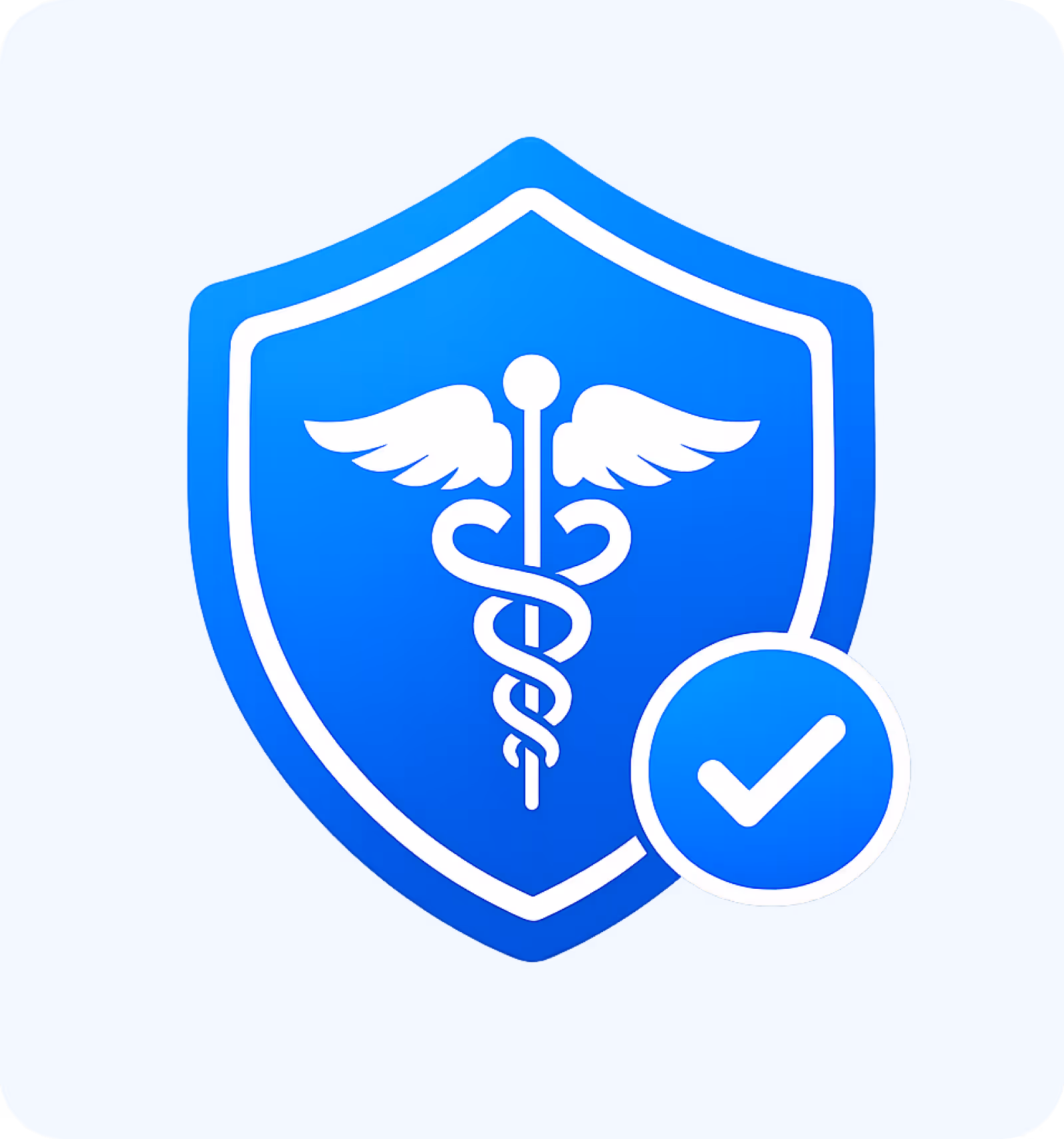 Blue shield with a white medical caduceus symbol and a checkmark indicating compliance or security.