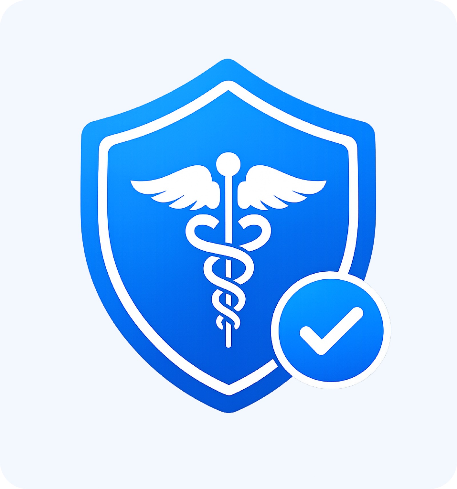 Blue shield with a white medical caduceus symbol and a checkmark indicating compliance or security.