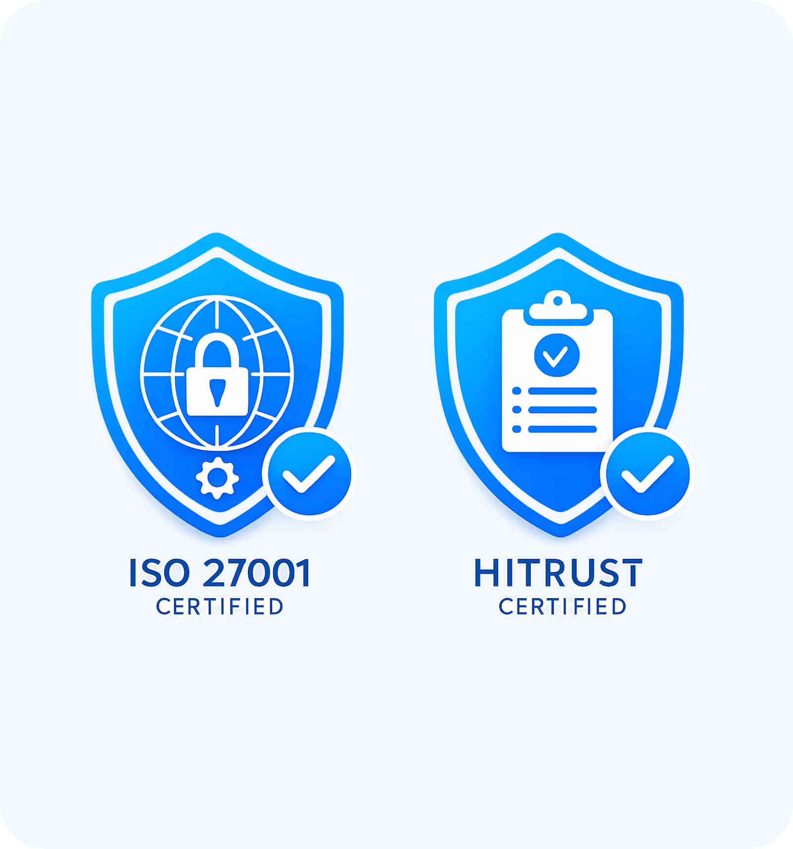 Two blue shields showing ISO 27001 and HITRUST certifications with security and checklist icons.