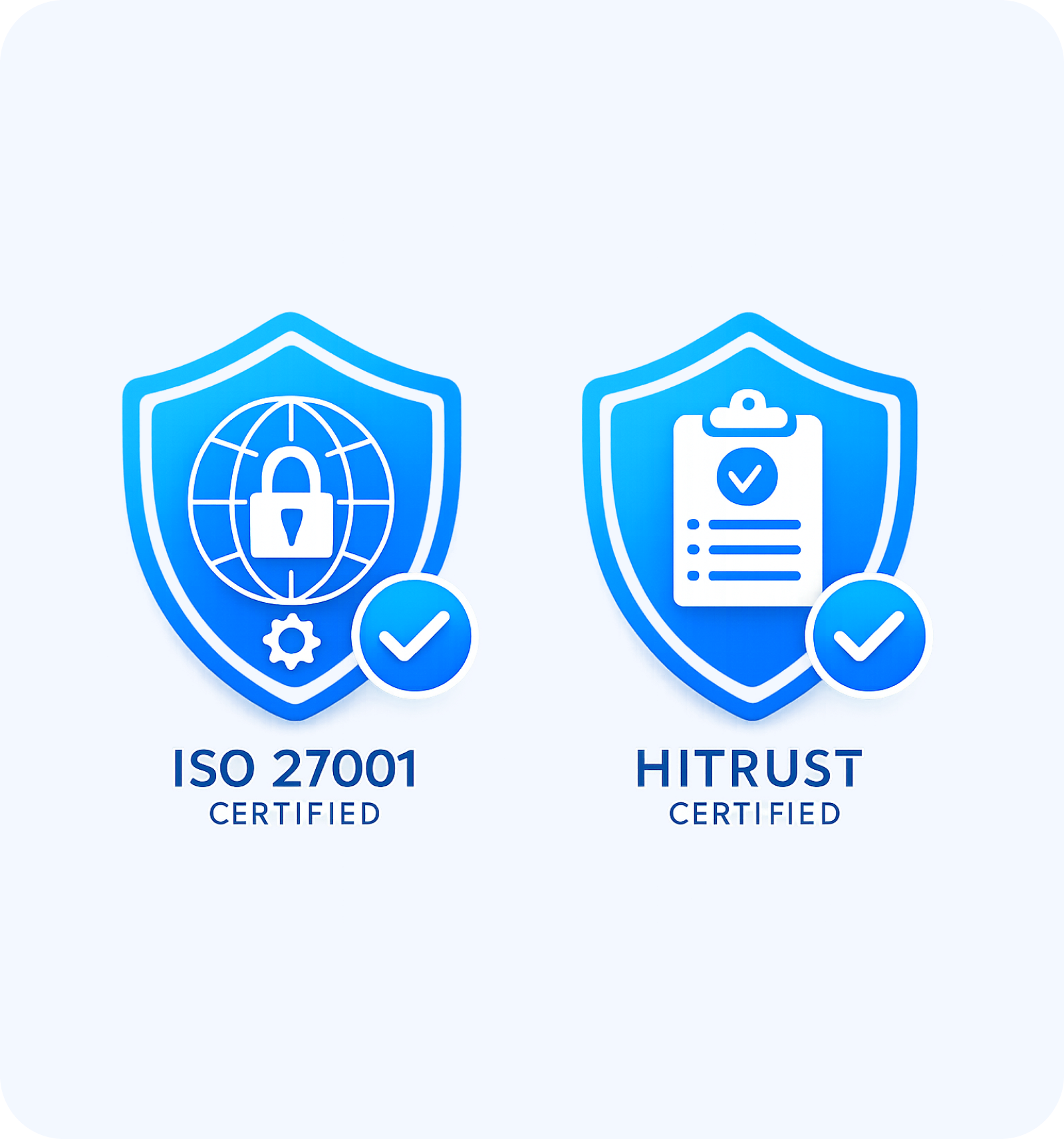 Two blue shields showing ISO 27001 and HITRUST certifications with security and checklist icons.