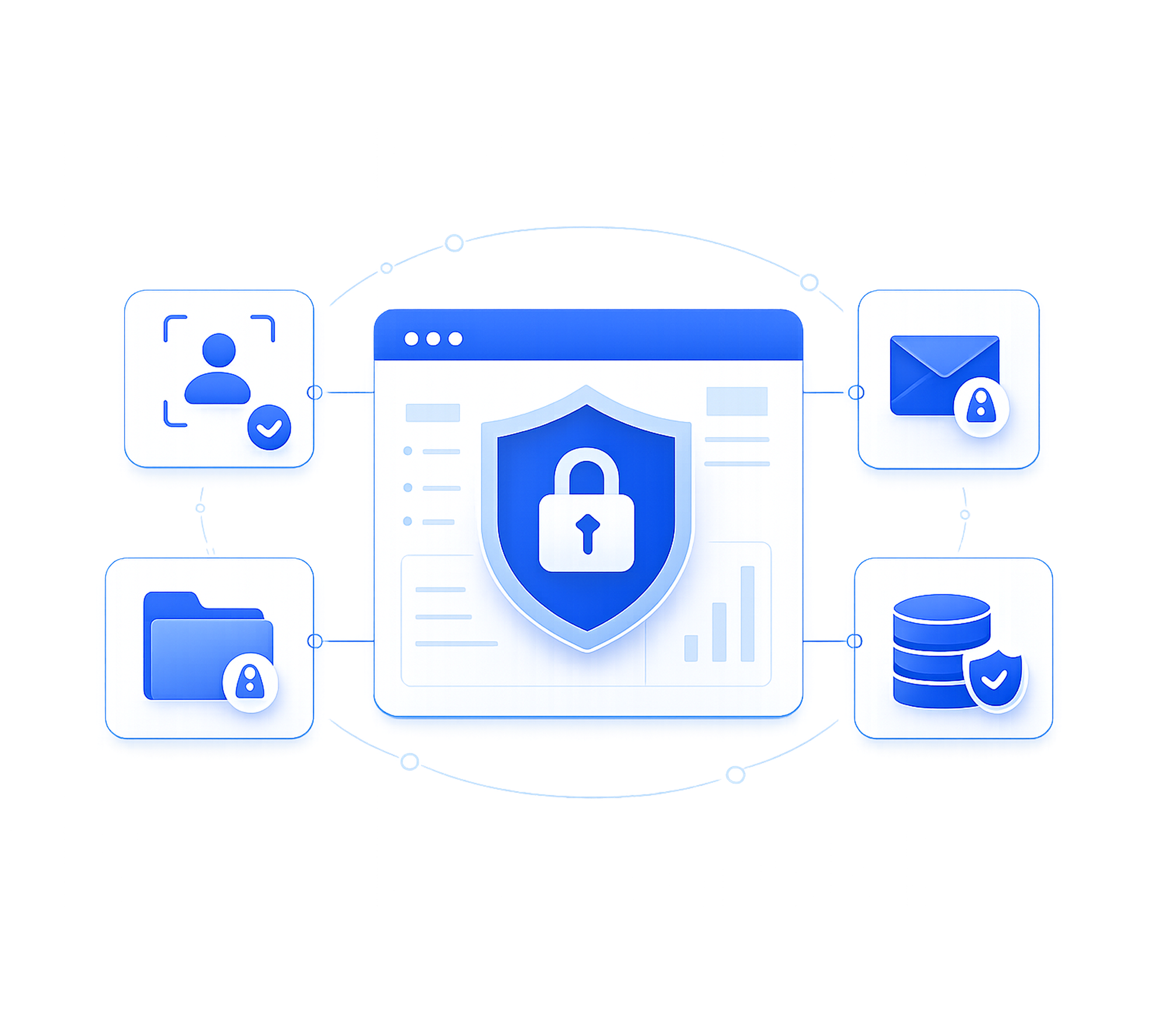 Central shield with lock icon connected to user, folder, email, and database security icons.