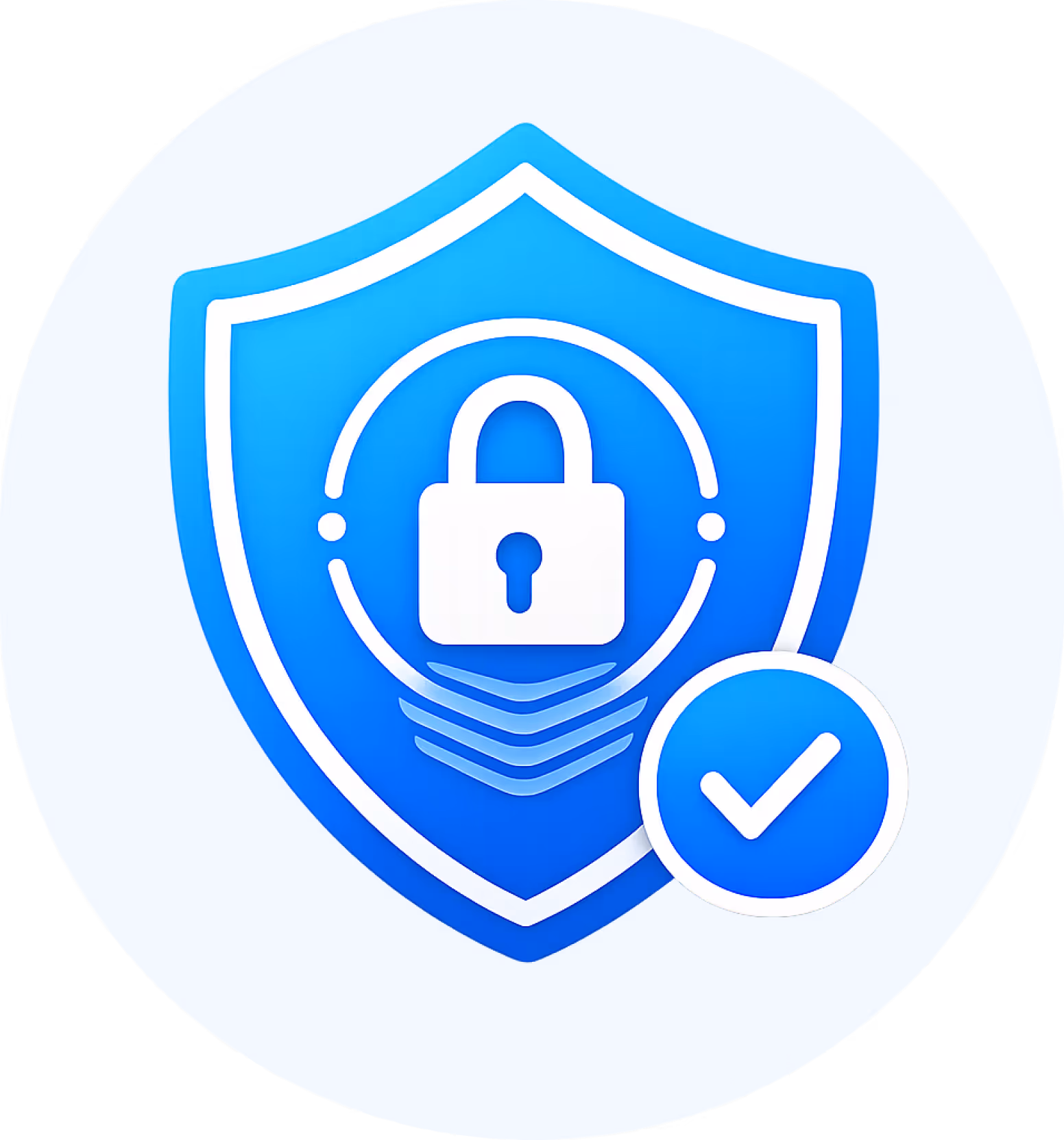 Blue shield with a white padlock and checkmark symbolizing data security and protection.