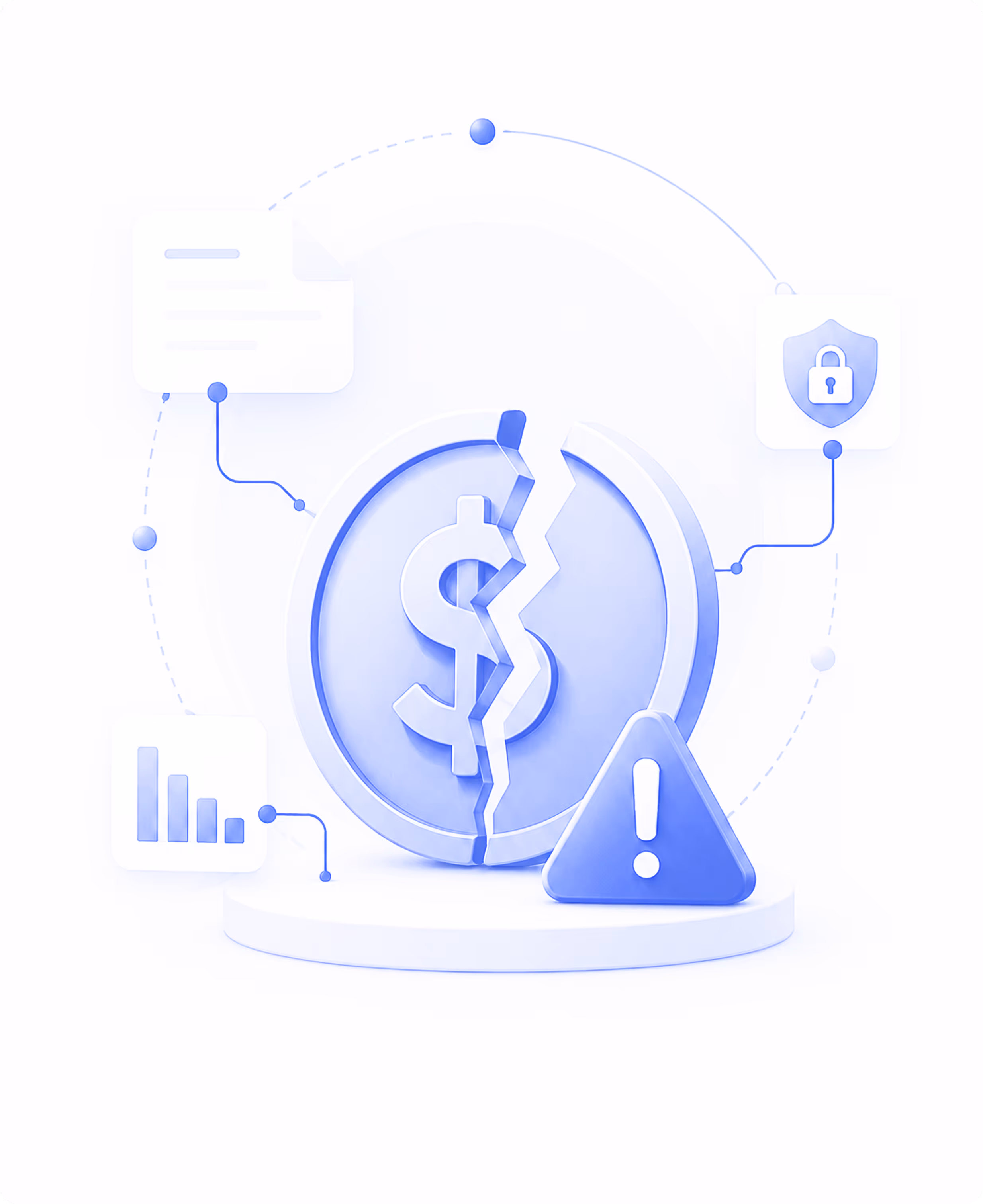 Cracked dollar symbol with warning icon, document, graph, and security lock around it.