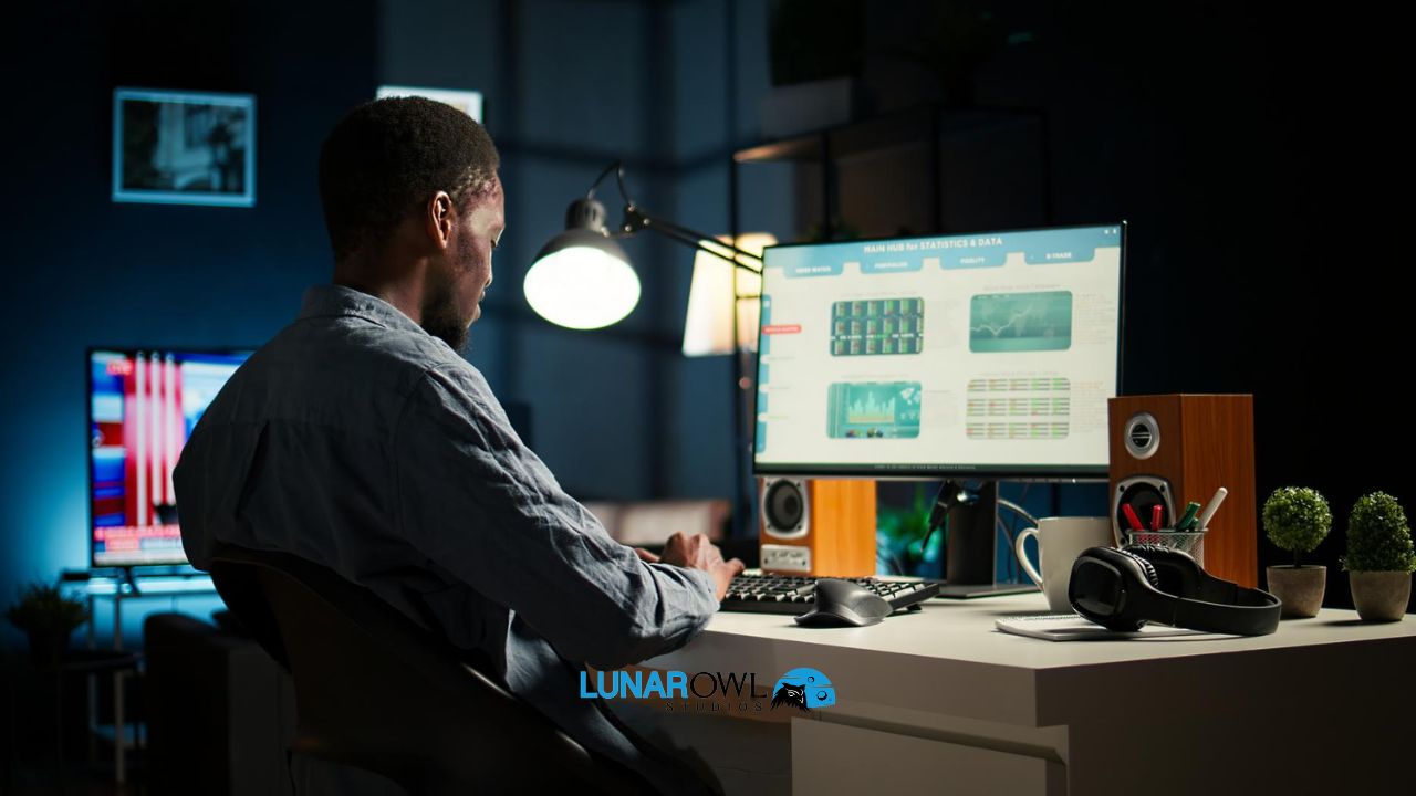 Rear view of a game developer sitting at a desk at night analyzing game performance data and main statistics hubs on a desktop monitor to prepare materials for indie game investors.