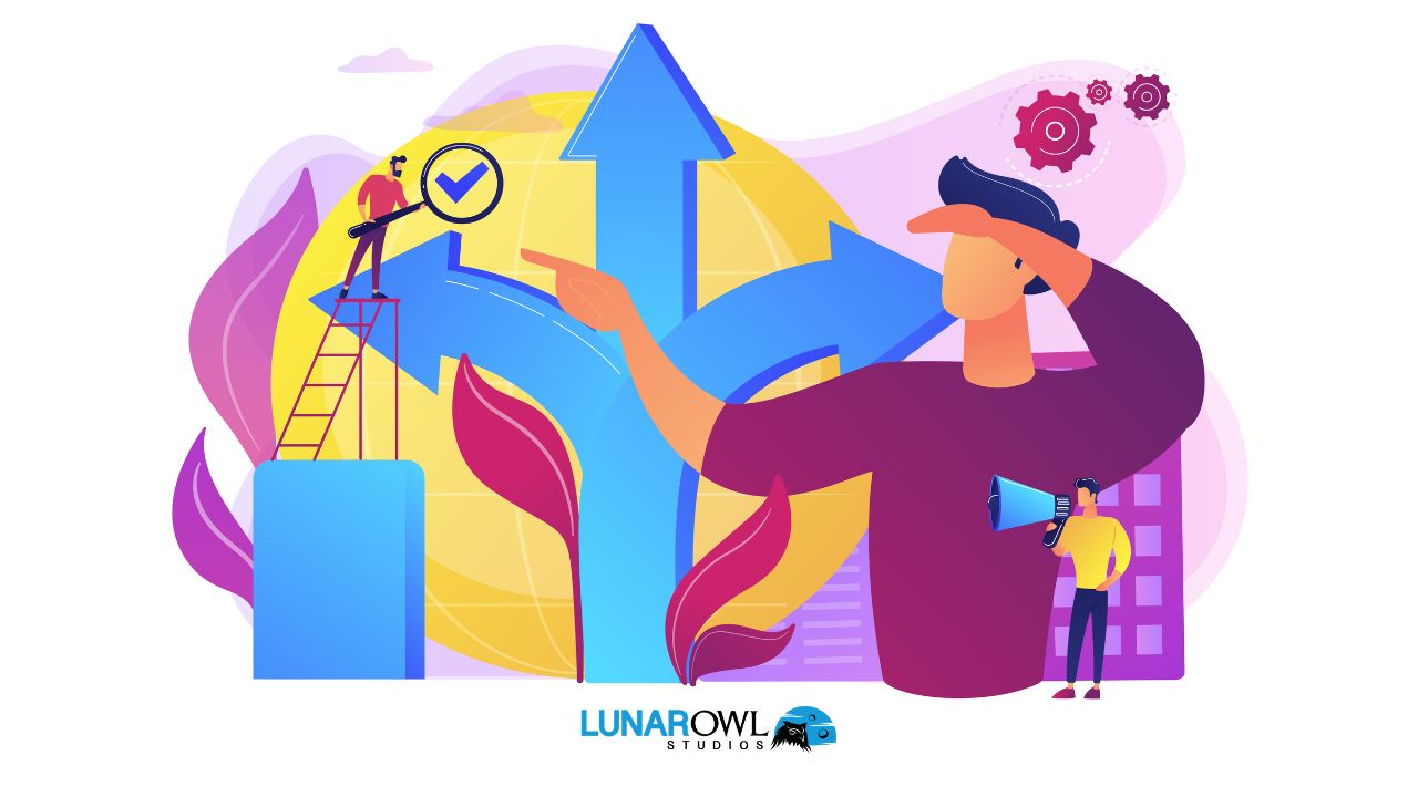 Colorful business illustration of a developer looking through a magnifying glass at a multi-directional arrow signpost, representing how to choose and approach the indie game funding path that fits your studio.