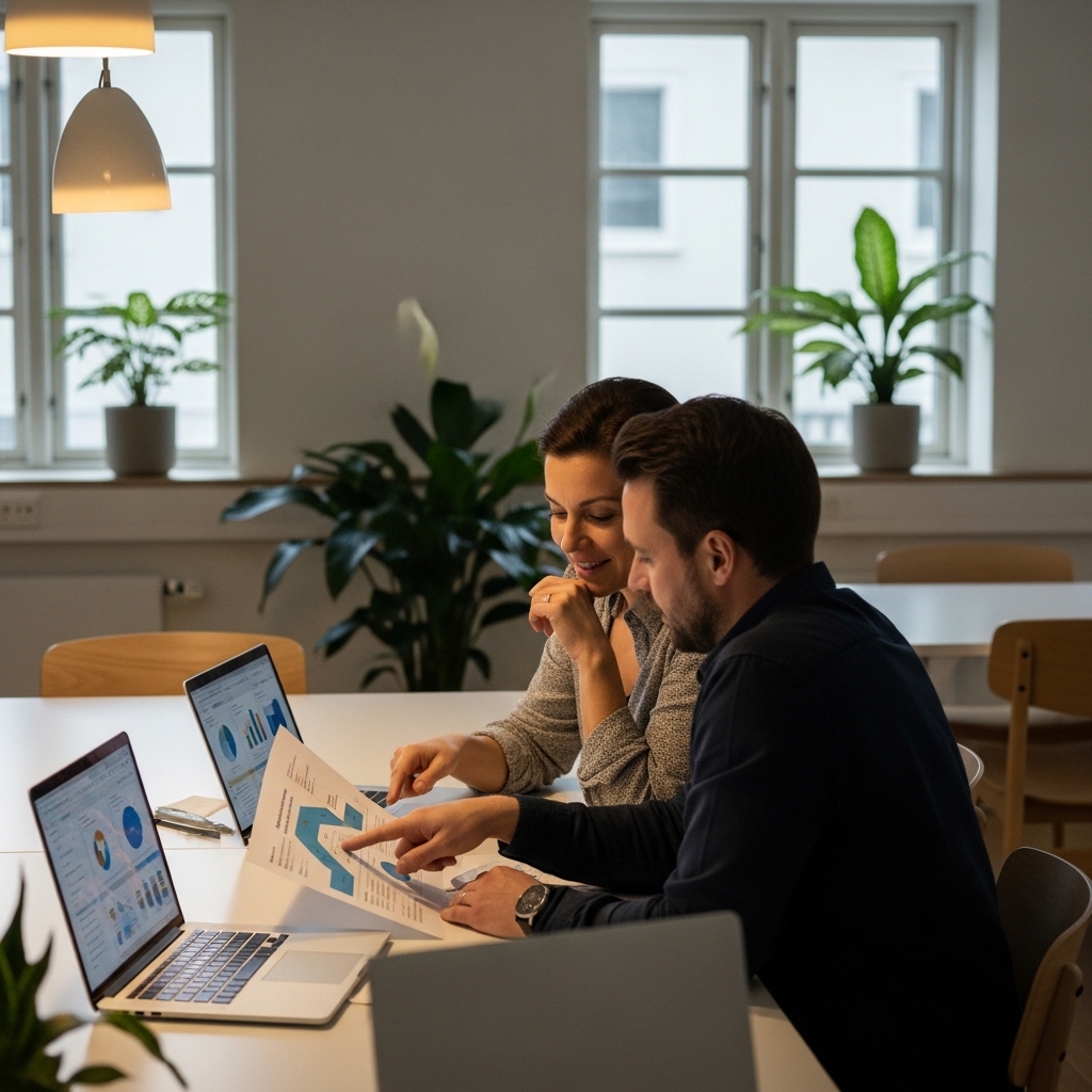 Två personer samarbetar i ett mötesrum, tittar på diagram och grafer på ett papper och bärbara datorer.