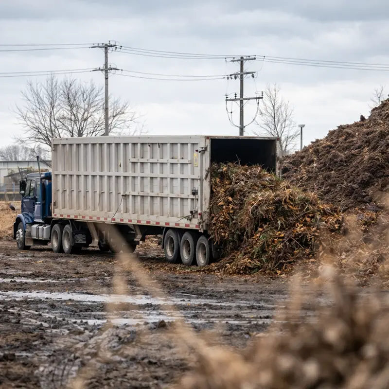 Large truck dumping a load of leaves and yard debris at a muddy recycling site on a cloudy day.