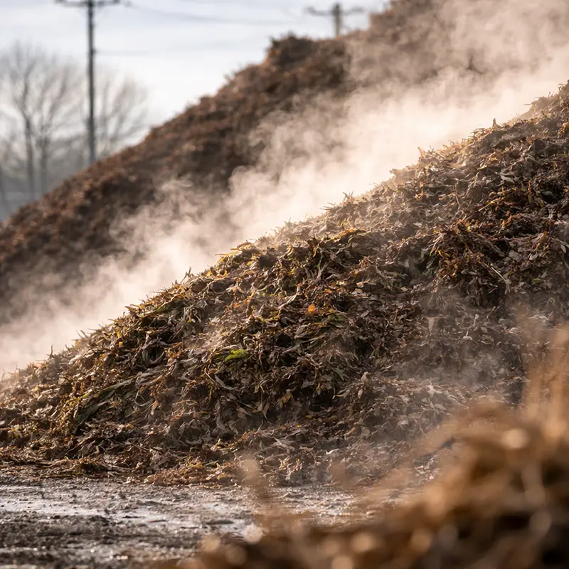 Steaming large piles of decomposing leaves outdoors on a misty day.