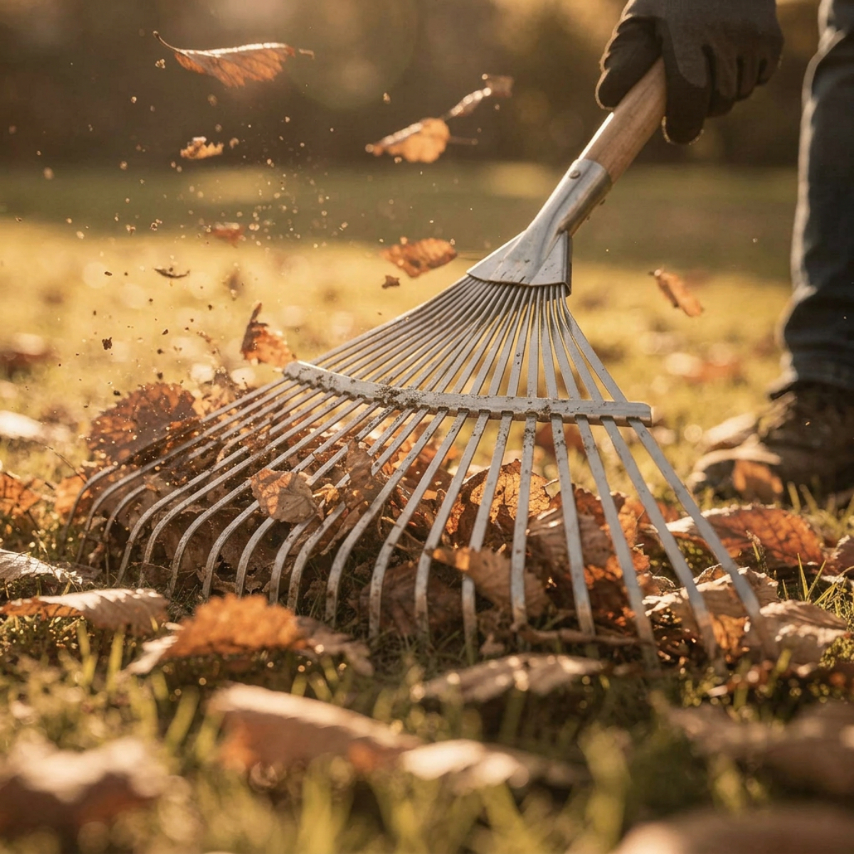 Close-up of a hand raking dry leaves on grass with a metal rake in sunlight.