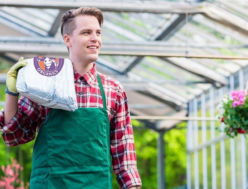 Smiling man in apron holding a bag of Purple Cow Organics inside a greenhouse.